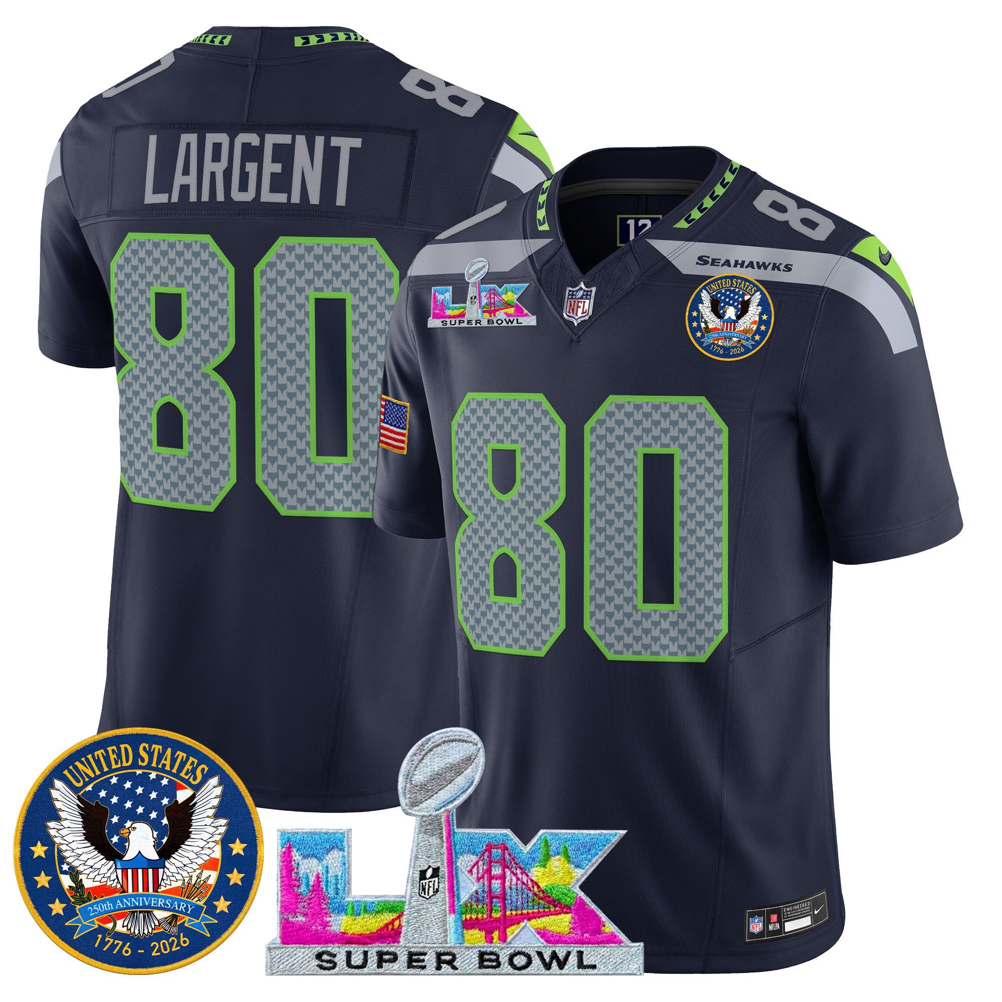 Men's Seattle Seahawks "Super Bowl LX & United States 250th Patch" Vapor Limited Jersey - All Stitched