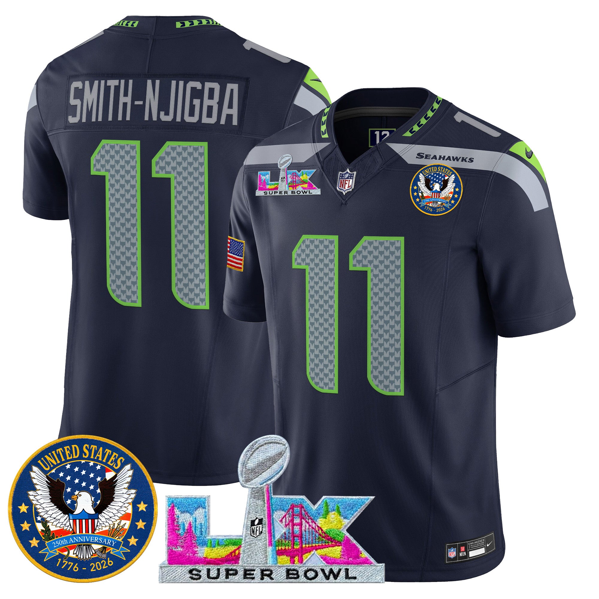 Men's Seattle Seahawks "Super Bowl LX & United States 250th Patch" Vapor Limited Jersey - All Stitched
