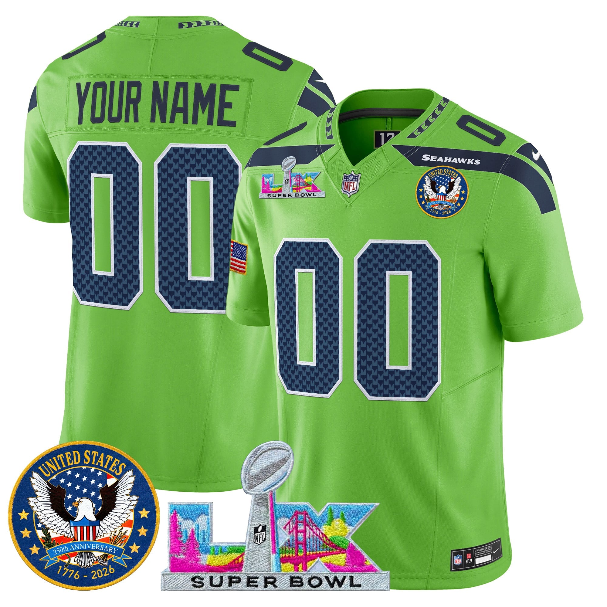 Seattle Seahawks "Super Bowl LX & United States 250th Patch" Vapor Limited Custom Jersey - All Stitched