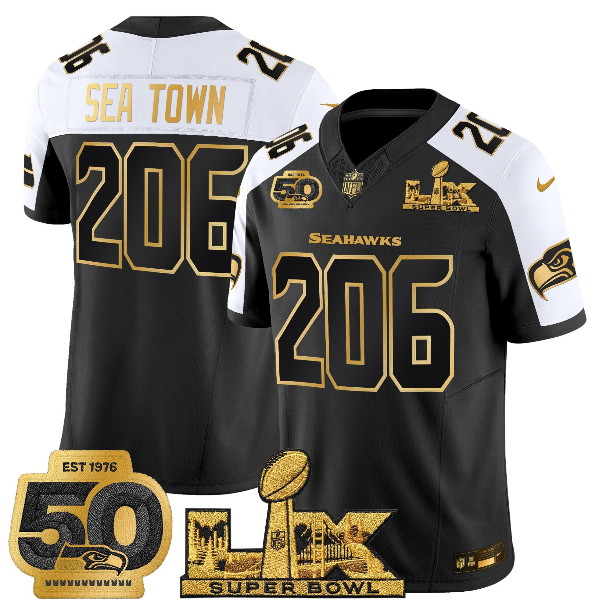 Men's Seattle Seahawks "Super Bowl LX & 50th Patch" Gold Vapor Limited Jersey - All Stitched