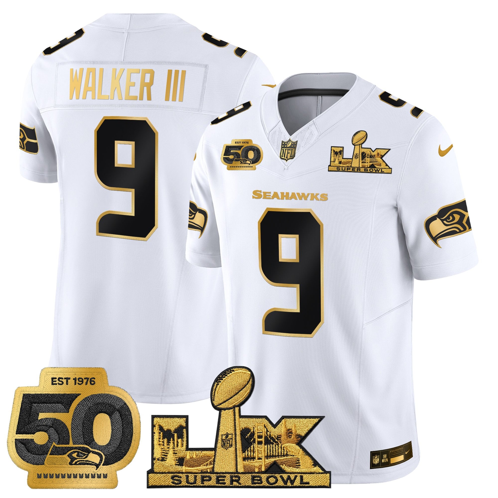 Men's Seattle Seahawks "Super Bowl LX & 50th Patch" Gold Vapor Limited Jersey - All Stitched