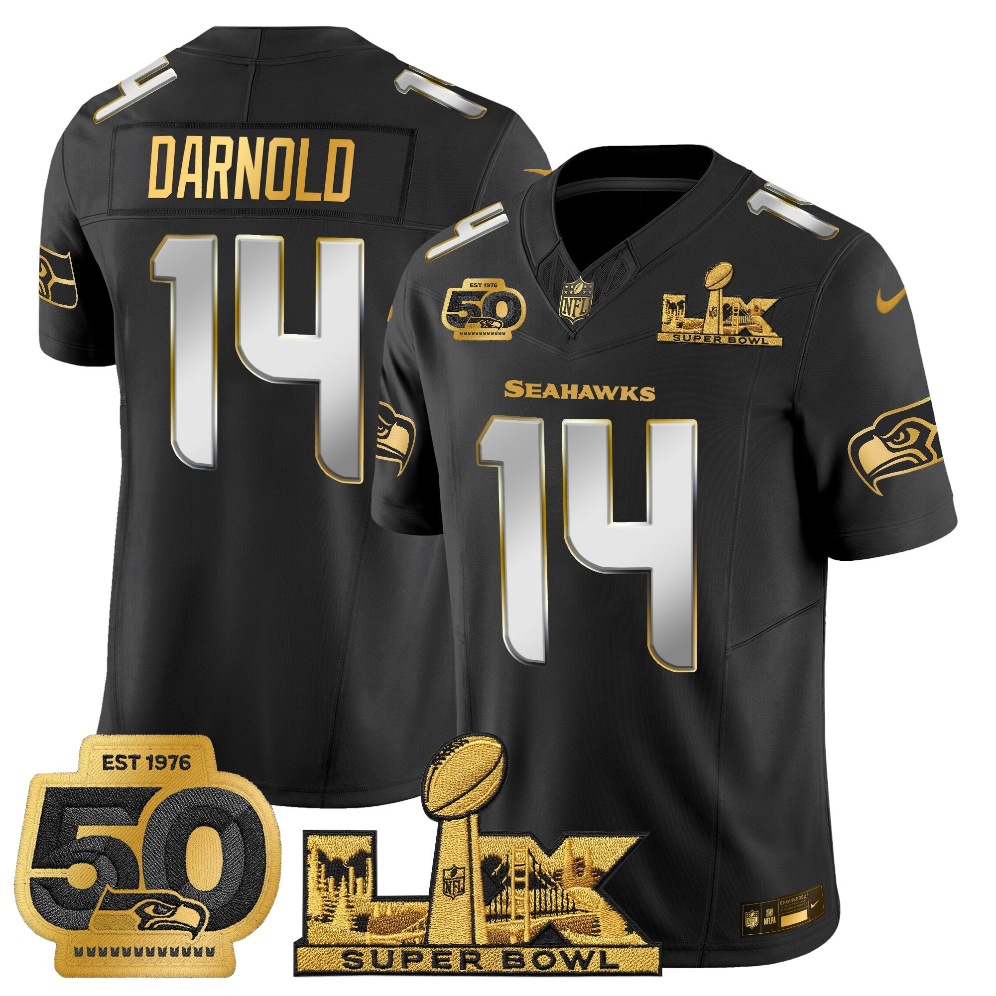 Men's Seattle Seahawks "Super Bowl LX & 50th Patch" Gold Vapor Limited Jersey - All Stitched