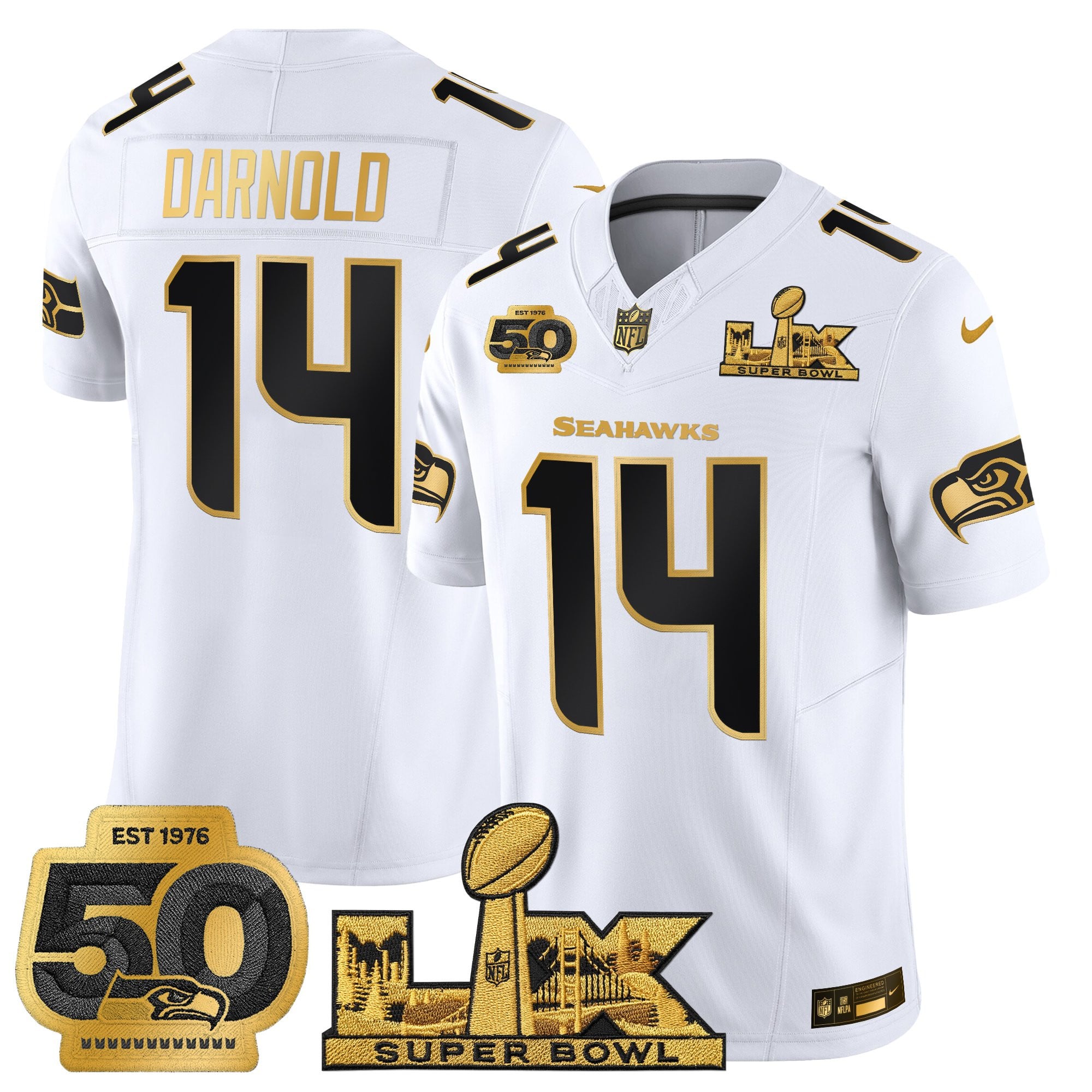 Men's Seattle Seahawks "Super Bowl LX & 50th Patch" Gold Vapor Limited Jersey - All Stitched