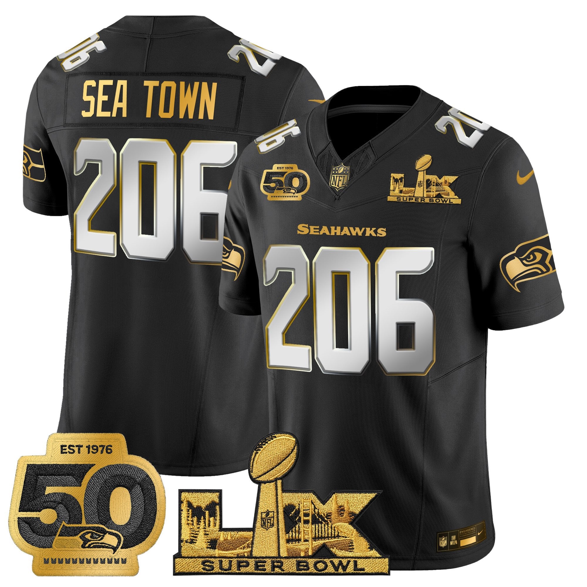 Men's Seattle Seahawks "Super Bowl LX & 50th Patch" Gold Vapor Limited Jersey - All Stitched