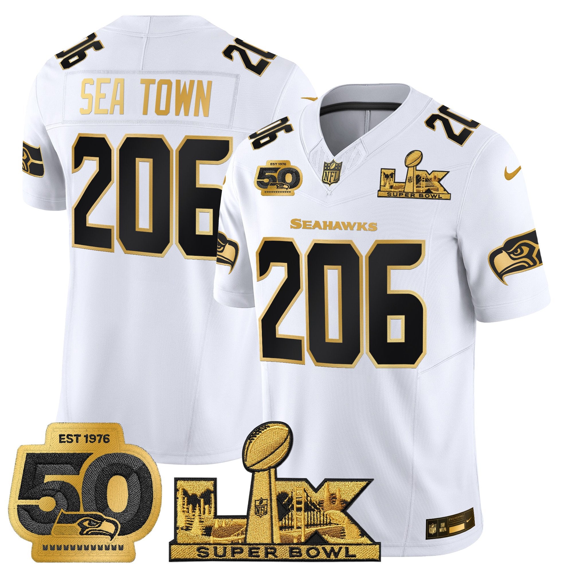 Men's Seattle Seahawks "Super Bowl LX & 50th Patch" Gold Vapor Limited Jersey - All Stitched