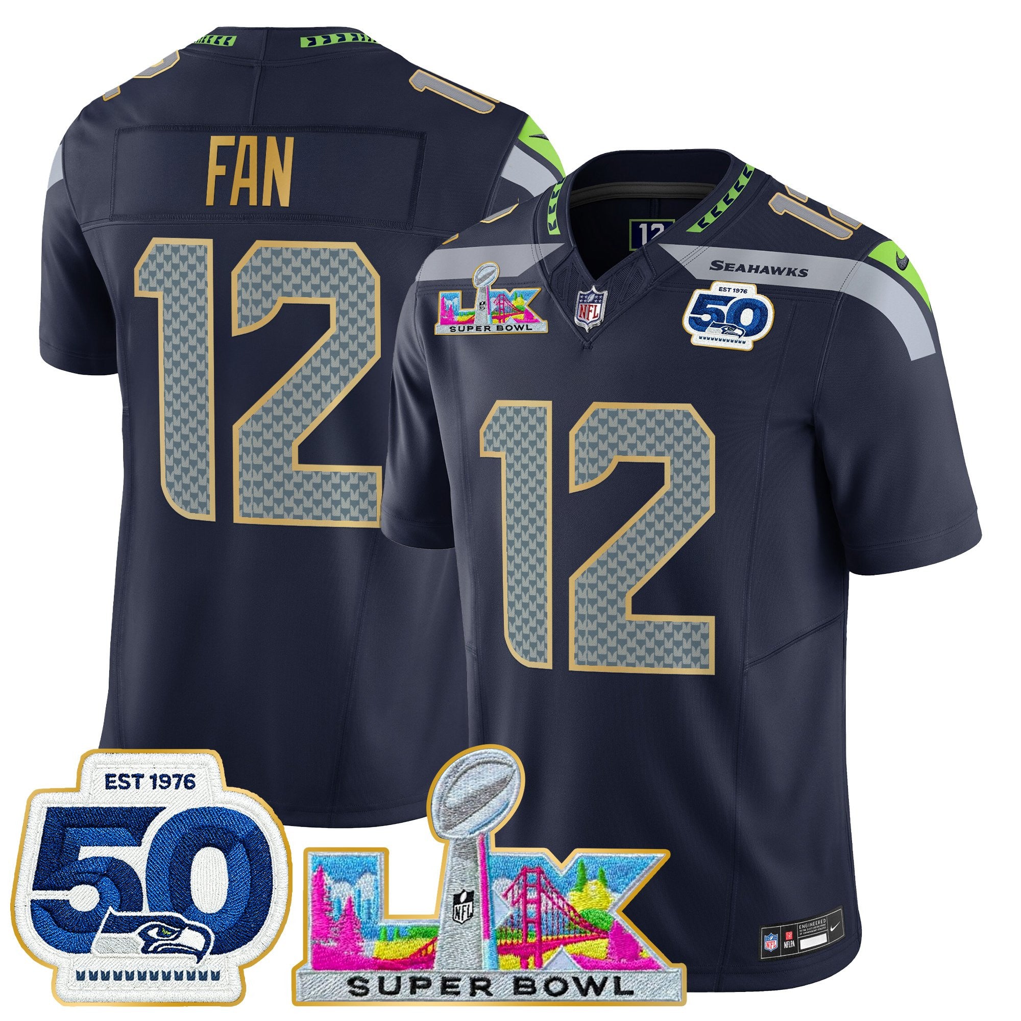 Men's Seattle Seahawks "Super Bowl LX & 50th Patch" Gold Trim Vapor Limited Jersey - All Stitched