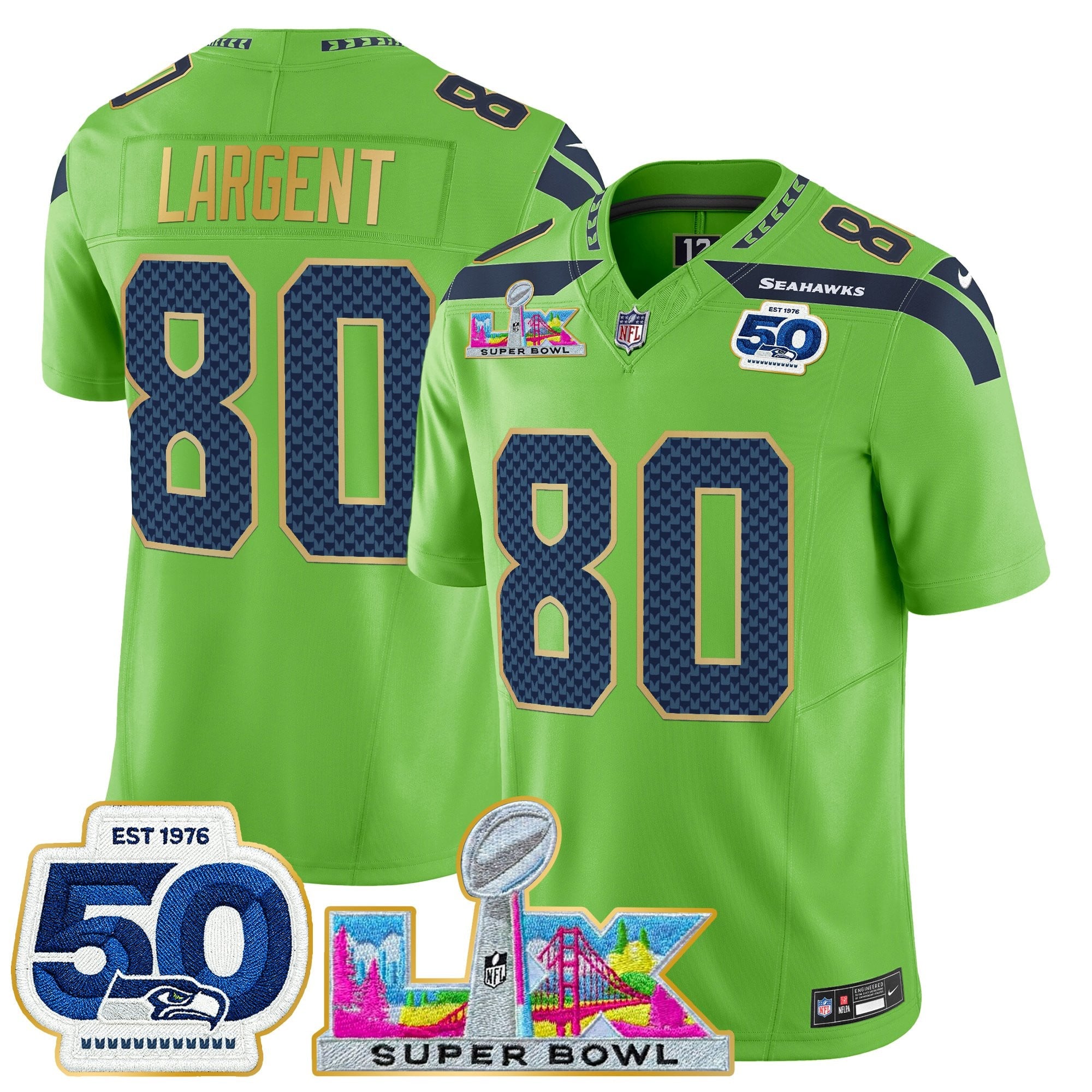 Men's Seattle Seahawks "Super Bowl LX & 50th Patch" Gold Trim Vapor Limited Jersey - All Stitched
