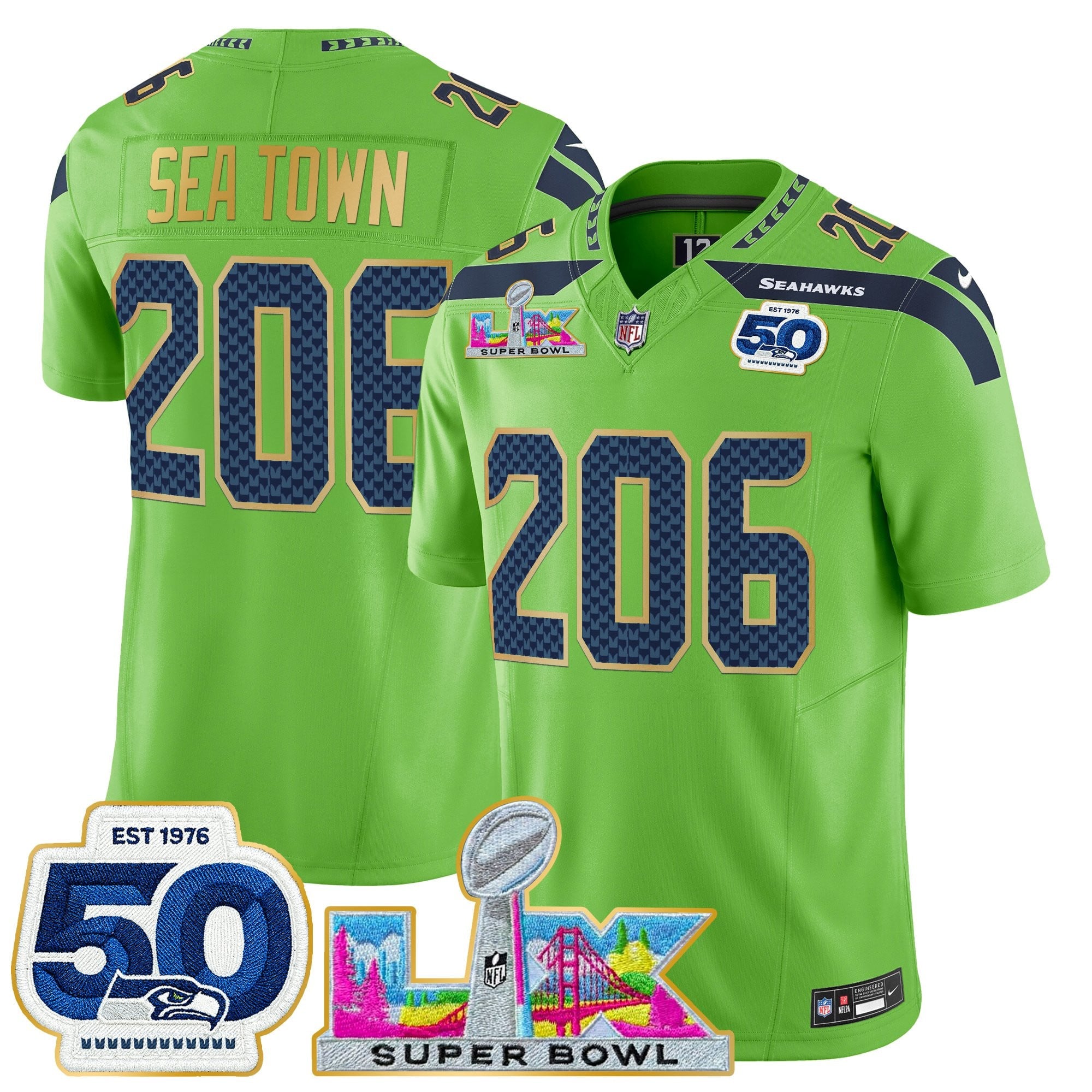 Men's Seattle Seahawks "Super Bowl LX & 50th Patch" Gold Trim Vapor Limited Jersey - All Stitched