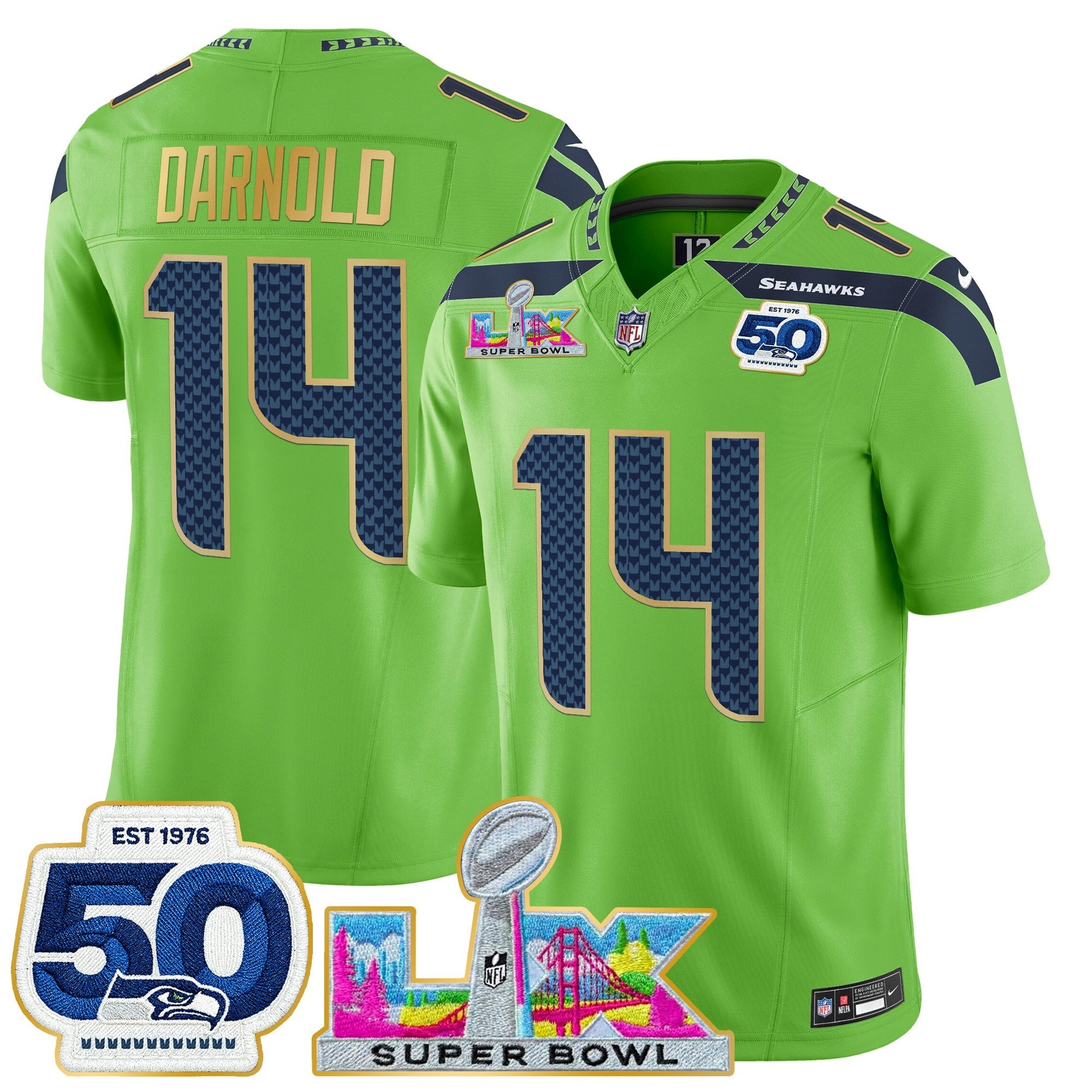 Men's Seattle Seahawks "Super Bowl LX & 50th Patch" Gold Trim Vapor Limited Jersey - All Stitched