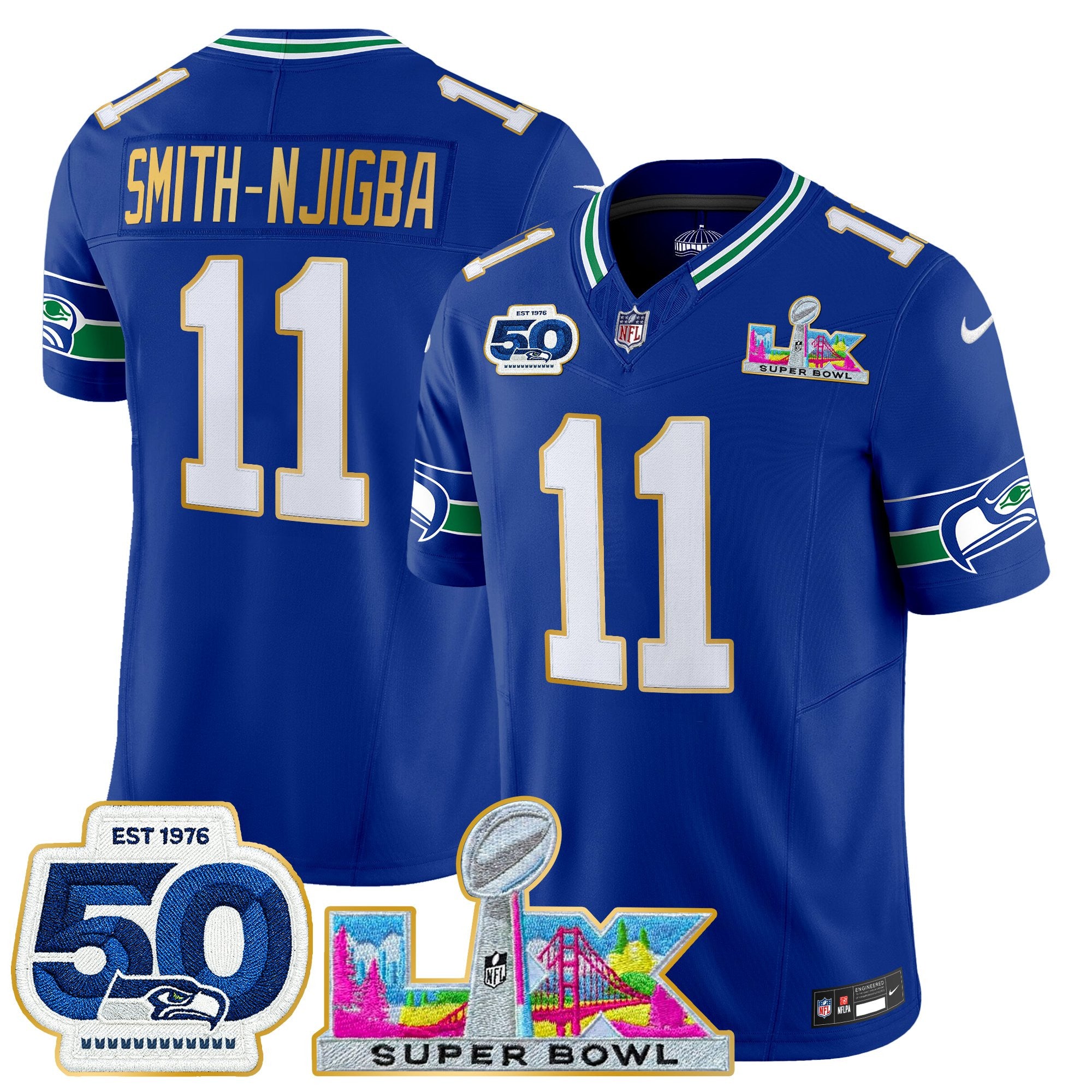 Men's Seattle Seahawks "Super Bowl LX & 50th Patch" Gold Trim Vapor Limited Jersey - All Stitched