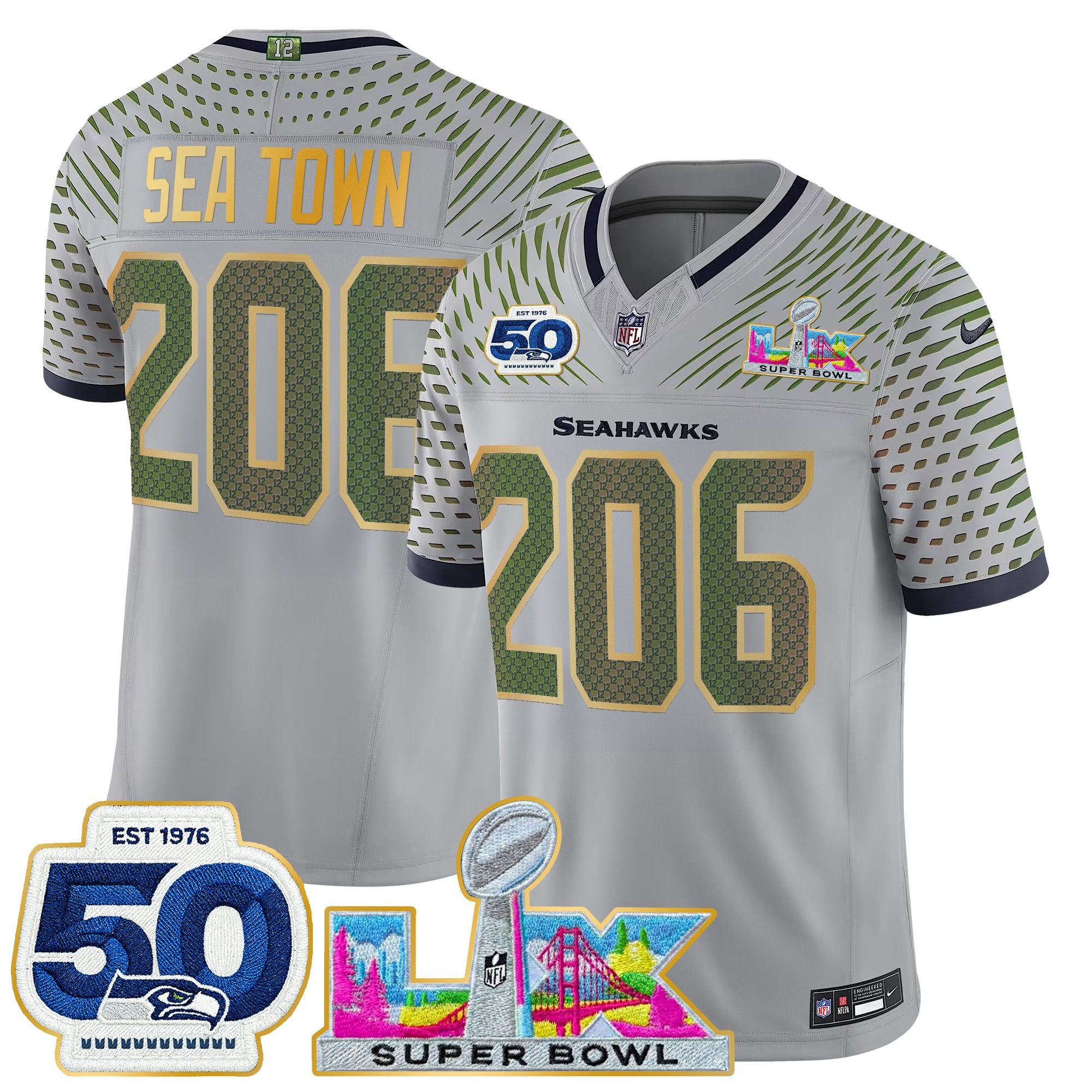 Men's Seattle Seahawks "Super Bowl LX & 50th Patch" Gold Trim Vapor Limited Jersey - All Stitched