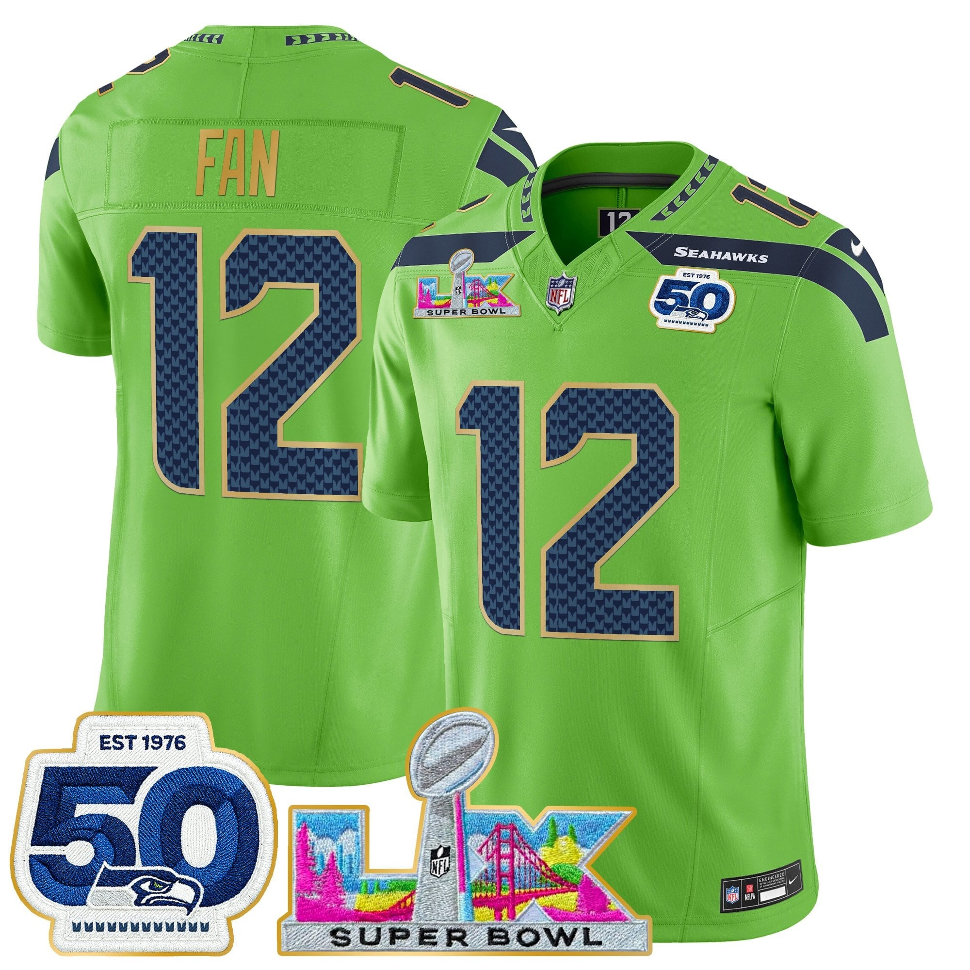 Men's Seattle Seahawks "Super Bowl LX & 50th Patch" Gold Trim Vapor Limited Jersey - All Stitched