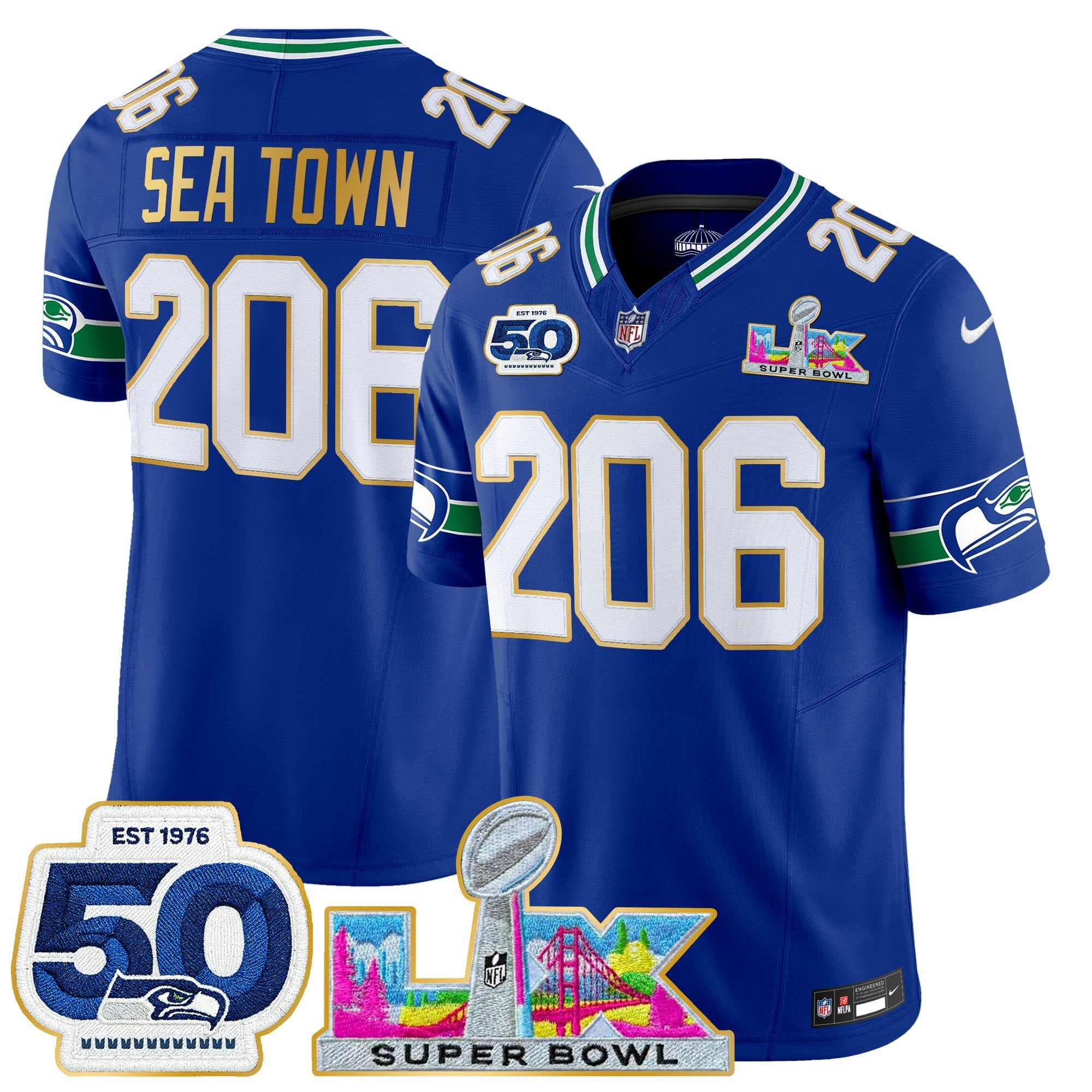 Men's Seattle Seahawks "Super Bowl LX & 50th Patch" Gold Trim Vapor Limited Jersey - All Stitched