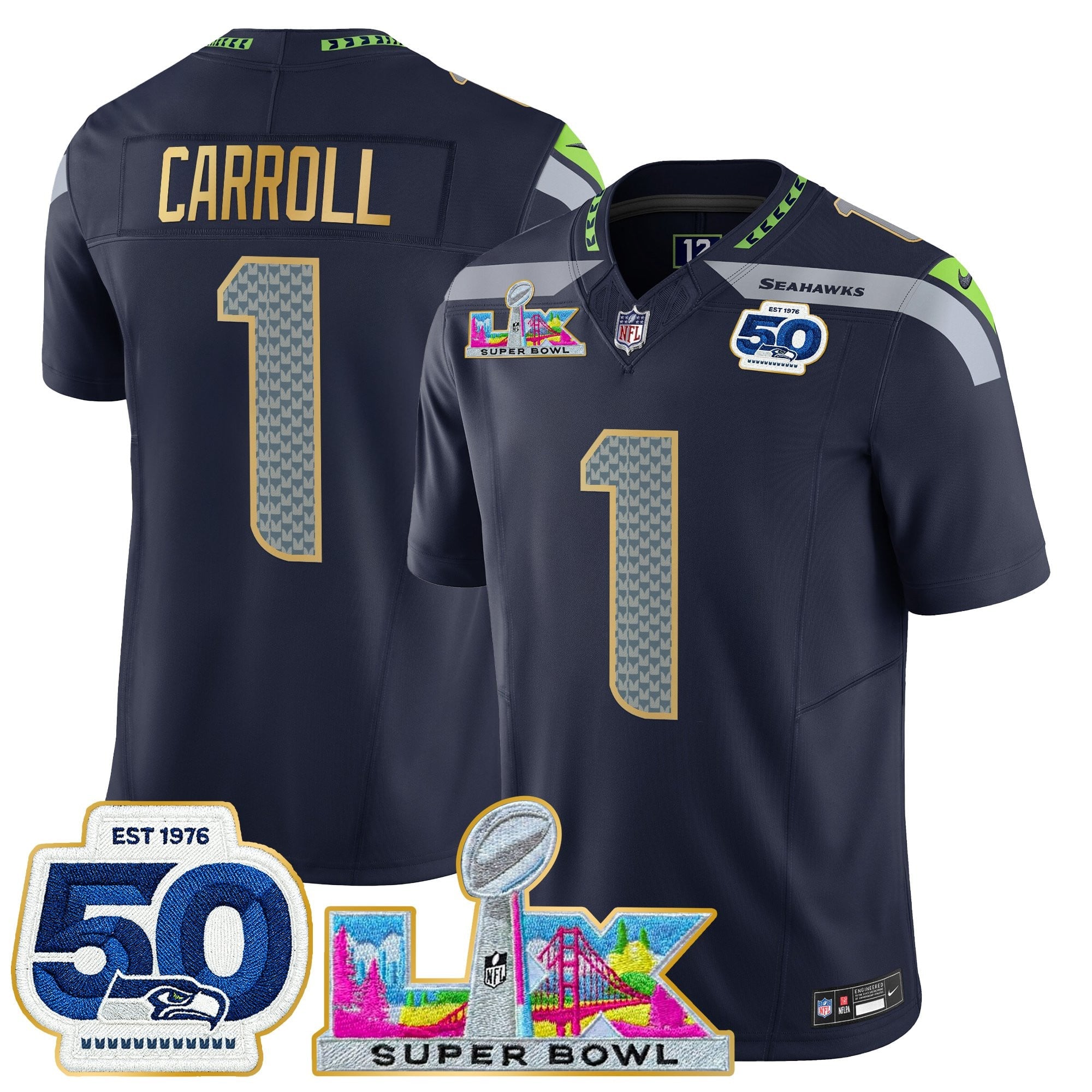 Men's Seattle Seahawks "Super Bowl LX & 50th Patch" Gold Trim Vapor Limited Jersey - All Stitched