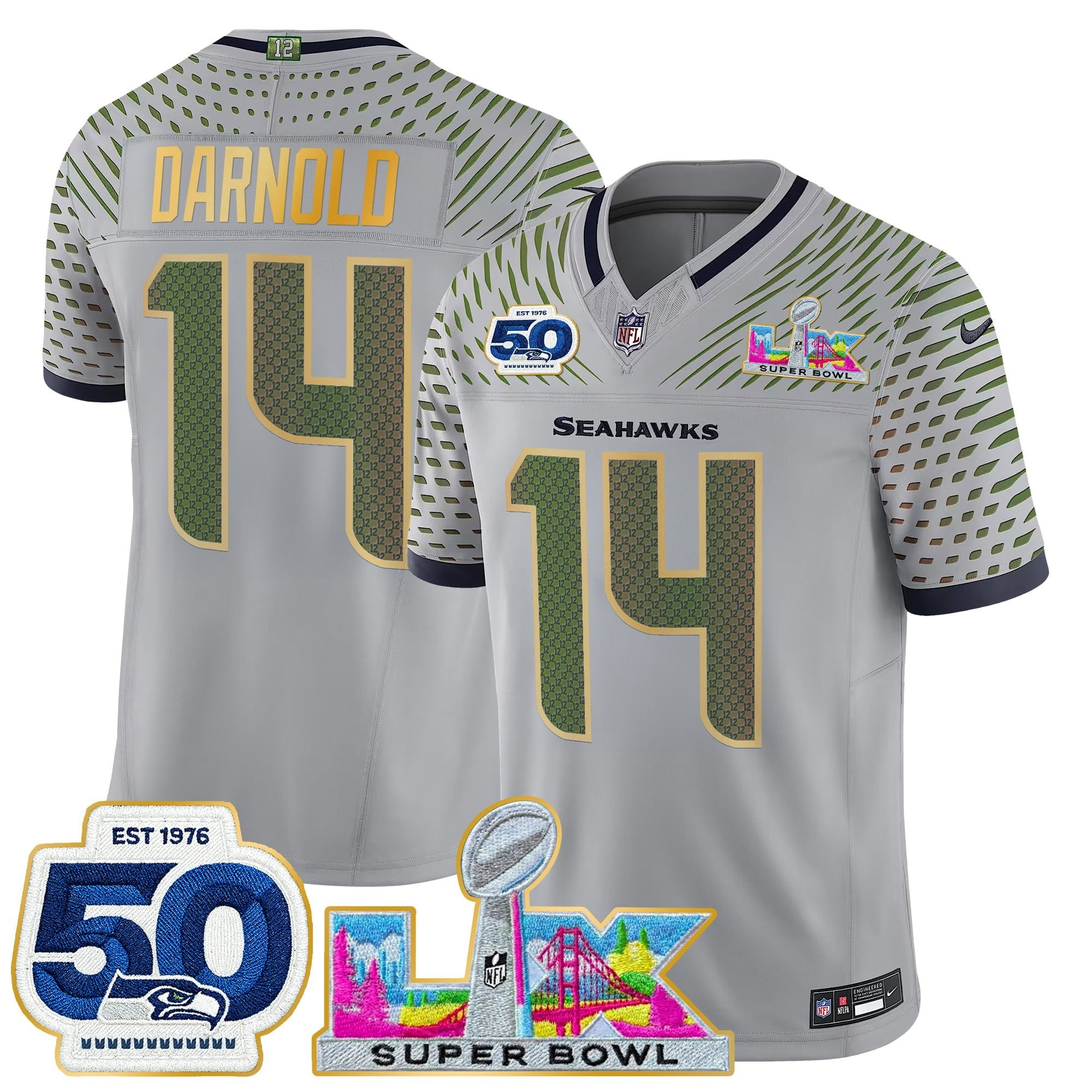 Men's Seattle Seahawks "Super Bowl LX & 50th Patch" Gold Trim Vapor Limited Jersey - All Stitched