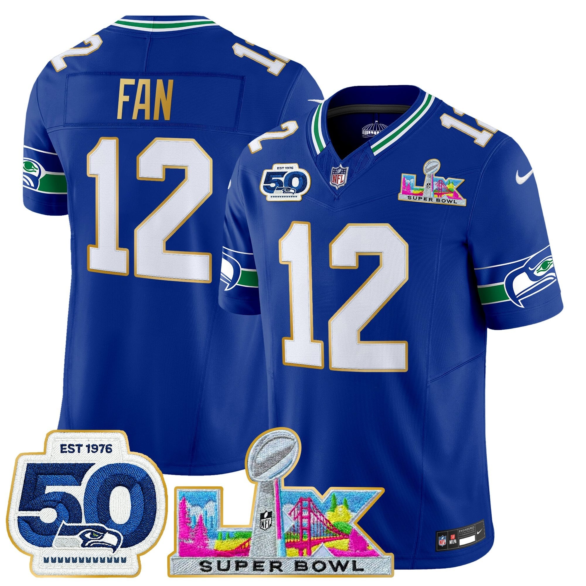 Men's Seattle Seahawks "Super Bowl LX & 50th Patch" Gold Trim Vapor Limited Jersey - All Stitched