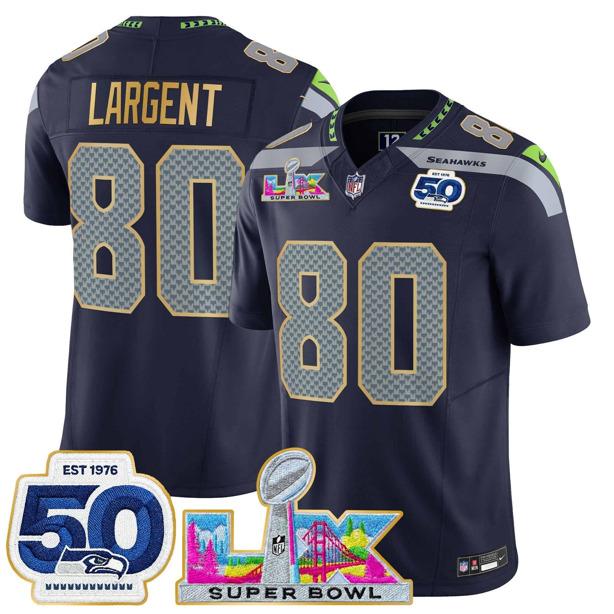 Men's Seattle Seahawks "Super Bowl LX & 50th Patch" Gold Trim Vapor Limited Jersey - All Stitched