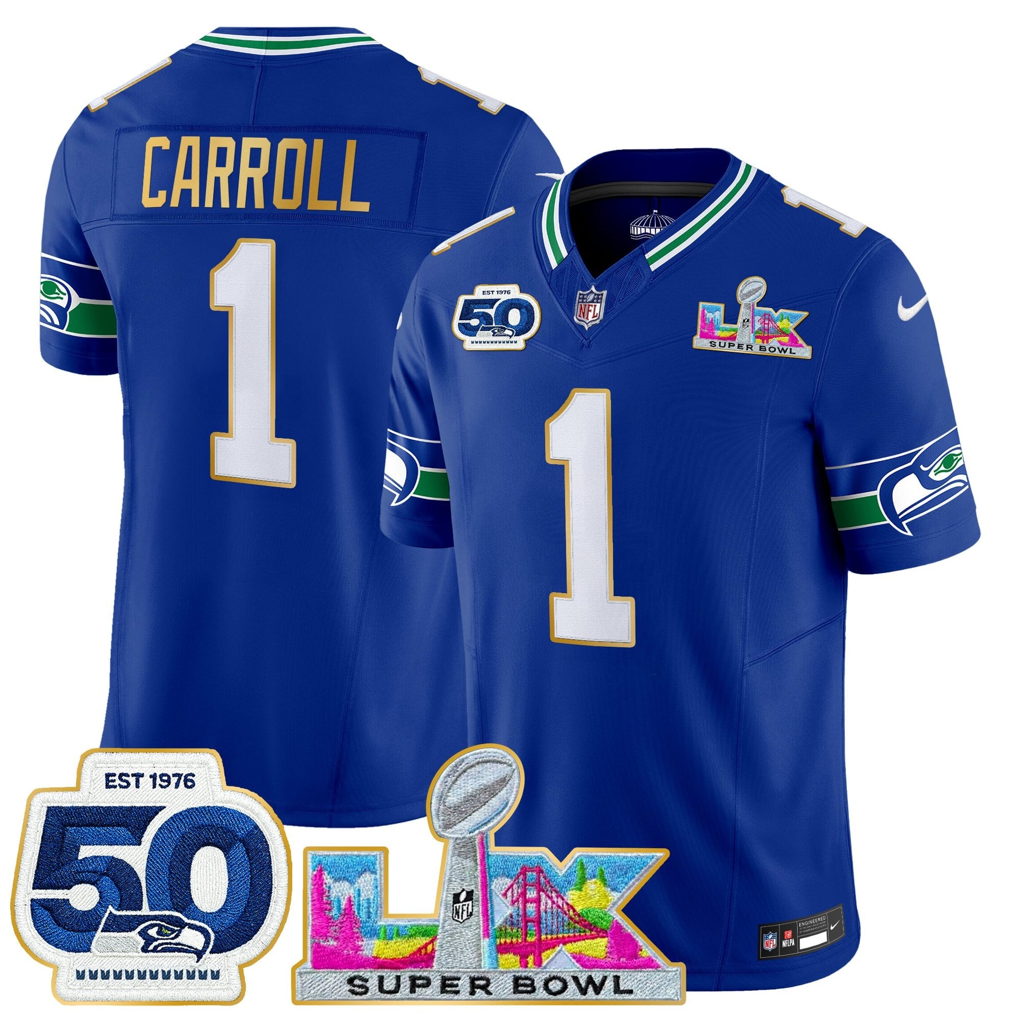 Men's Seattle Seahawks "Super Bowl LX & 50th Patch" Gold Trim Vapor Limited Jersey - All Stitched