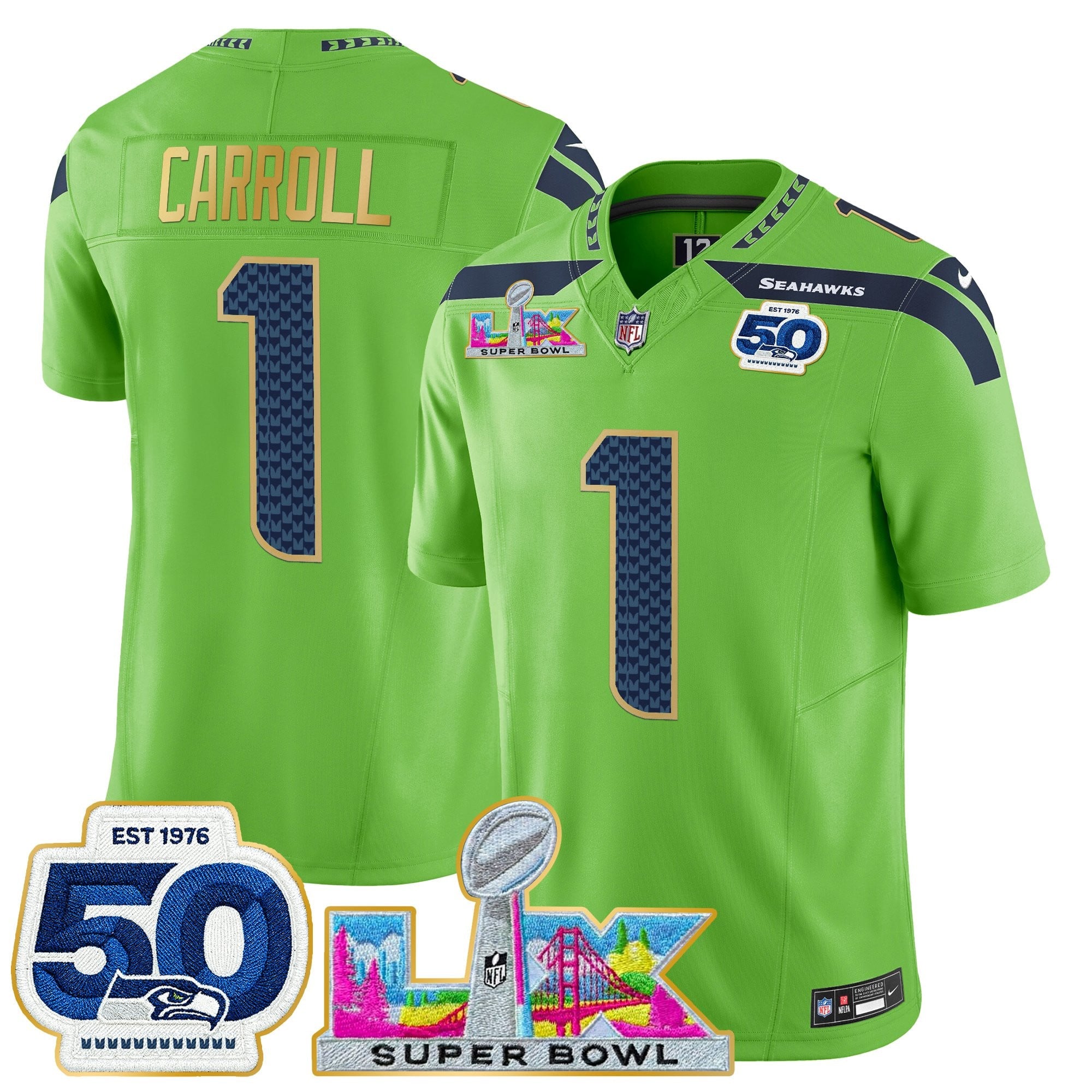 Men's Seattle Seahawks "Super Bowl LX & 50th Patch" Gold Trim Vapor Limited Jersey - All Stitched