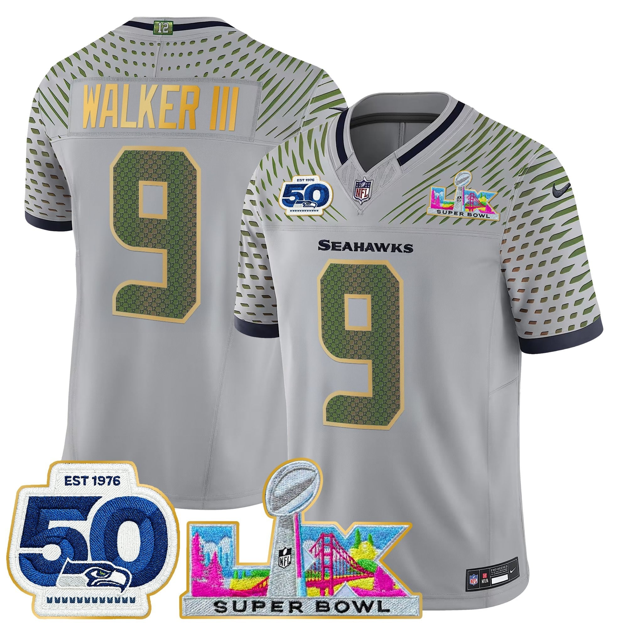 Men's Seattle Seahawks "Super Bowl LX & 50th Patch" Gold Trim Vapor Limited Jersey - All Stitched