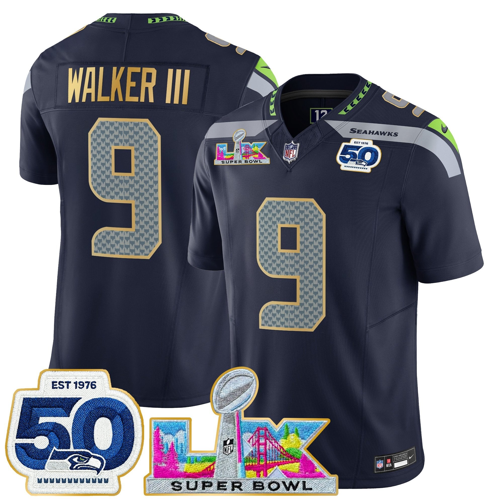 Men's Seattle Seahawks "Super Bowl LX & 50th Patch" Gold Trim Vapor Limited Jersey - All Stitched