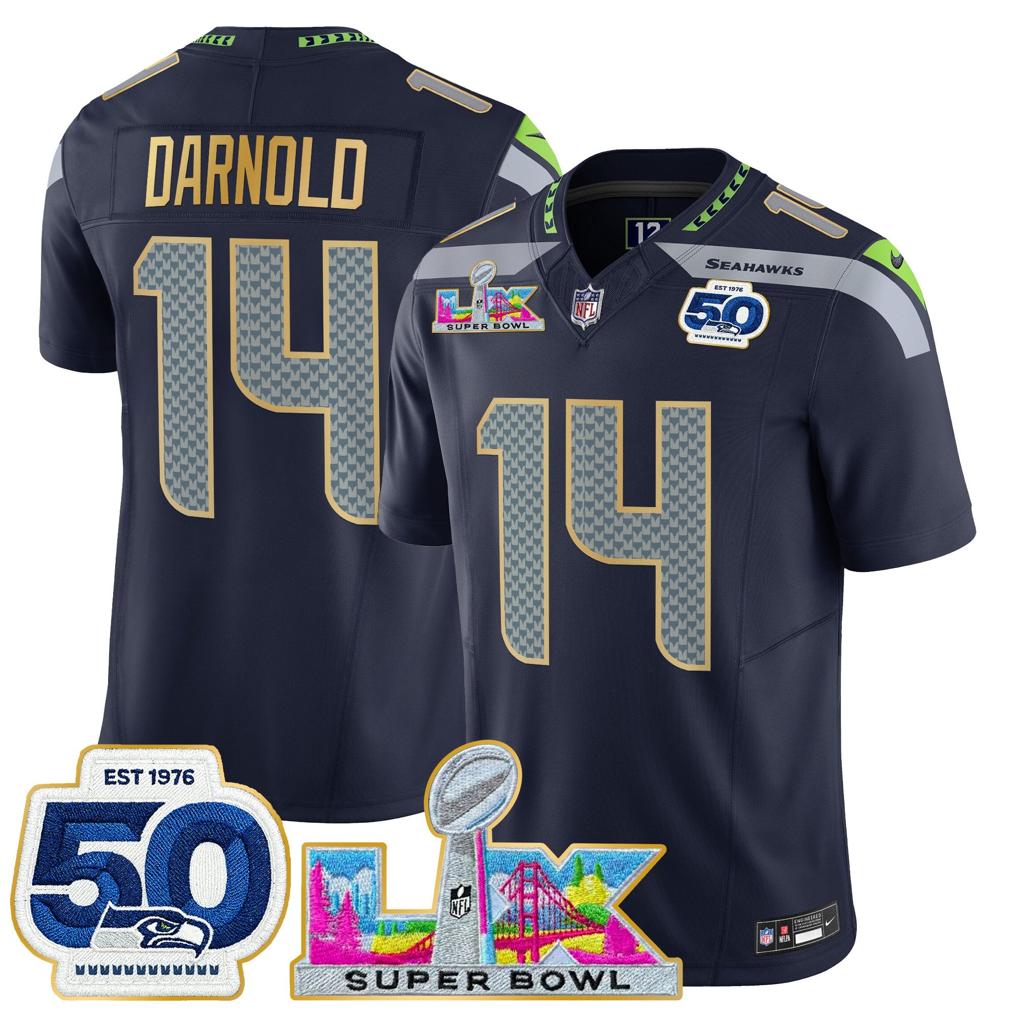 Men's Seattle Seahawks "Super Bowl LX & 50th Patch" Gold Trim Vapor Limited Jersey - All Stitched