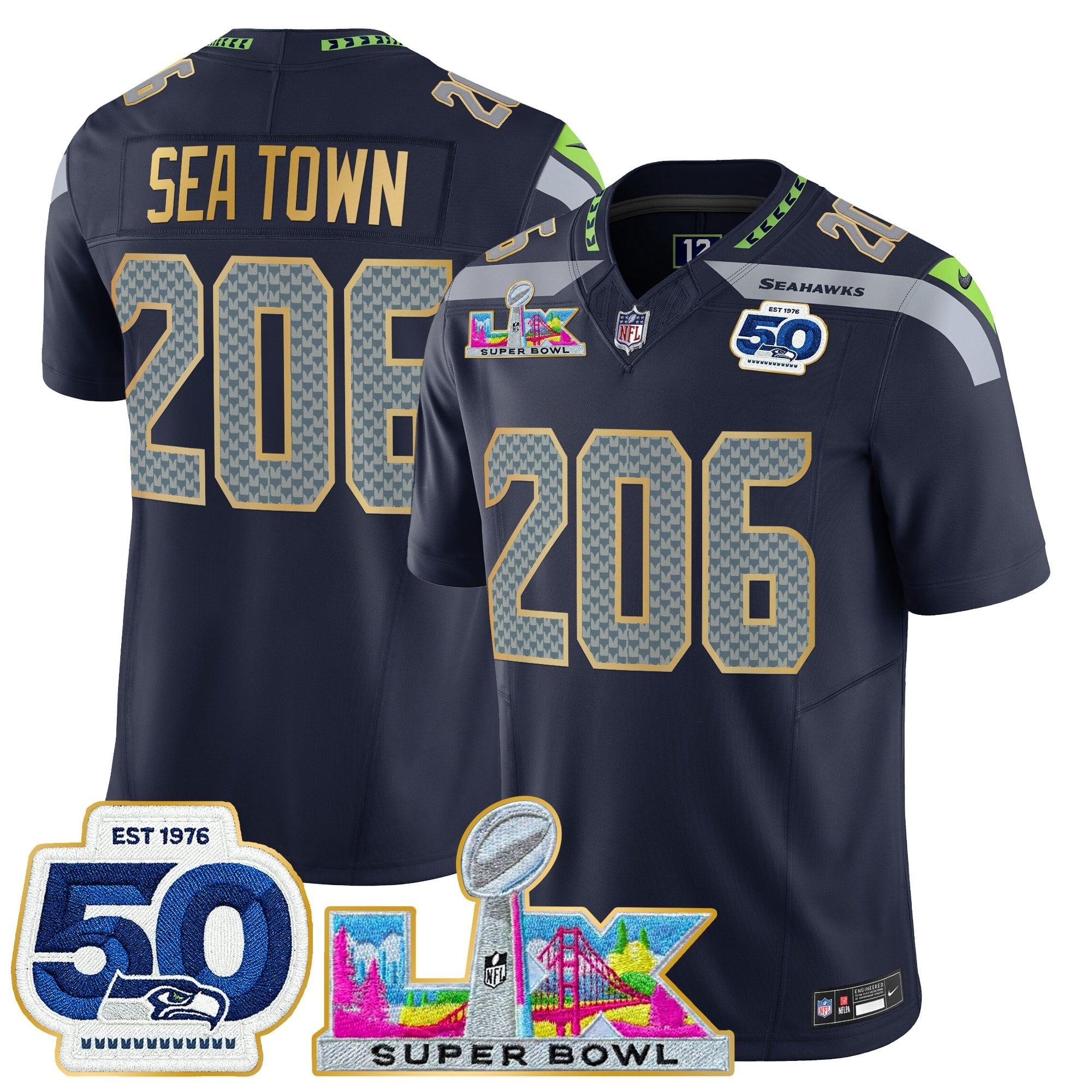 Men's Seattle Seahawks "Super Bowl LX & 50th Patch" Gold Trim Vapor Limited Jersey - All Stitched