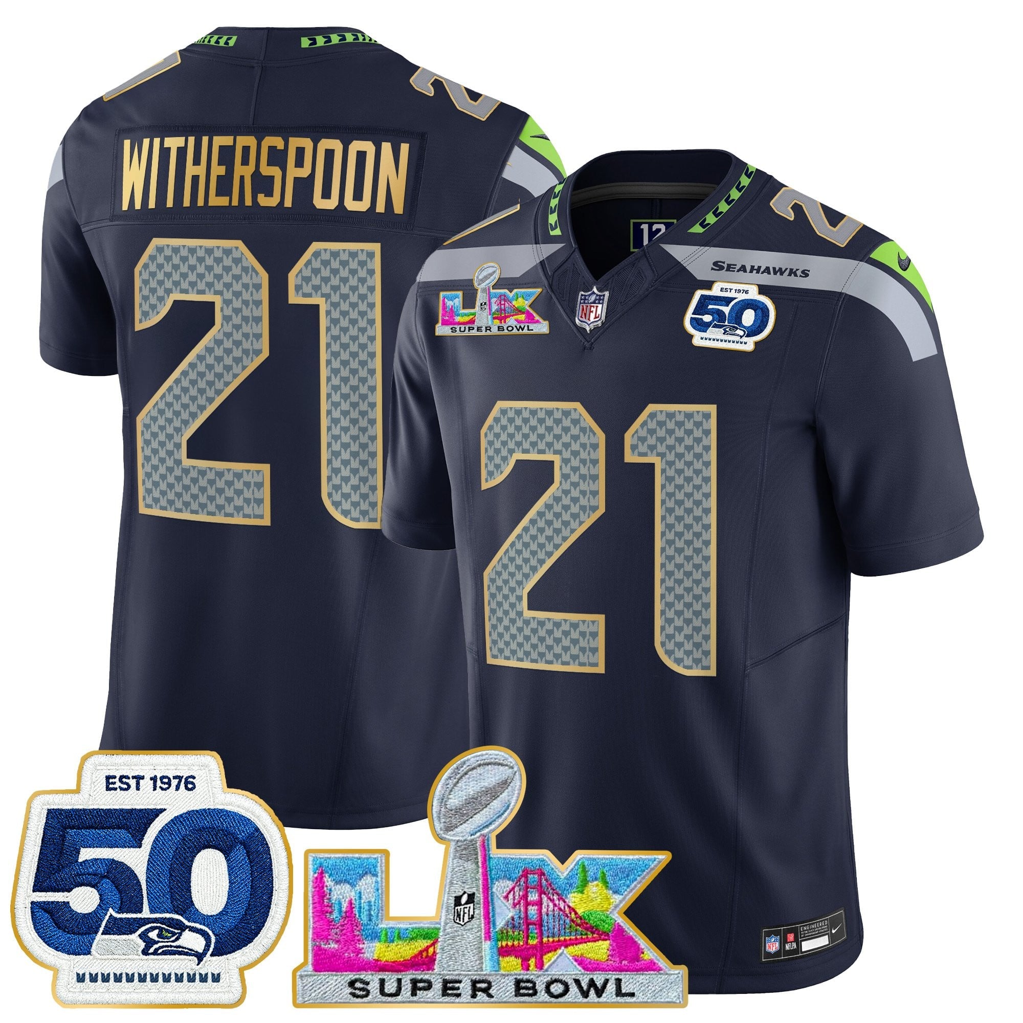 Men's Seattle Seahawks "Super Bowl LX & 50th Patch" Gold Trim Vapor Limited Jersey - All Stitched
