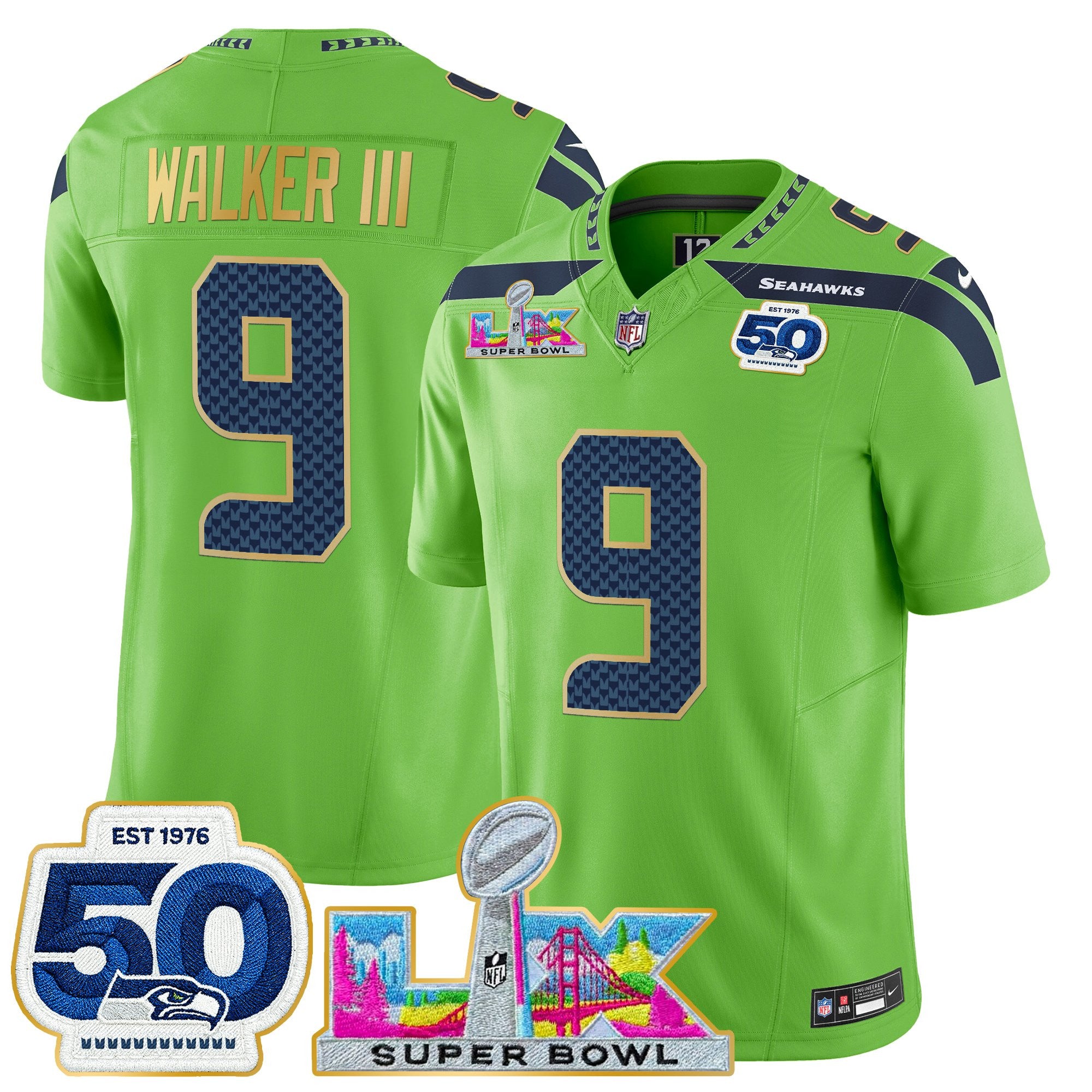 Men's Seattle Seahawks "Super Bowl LX & 50th Patch" Gold Trim Vapor Limited Jersey - All Stitched