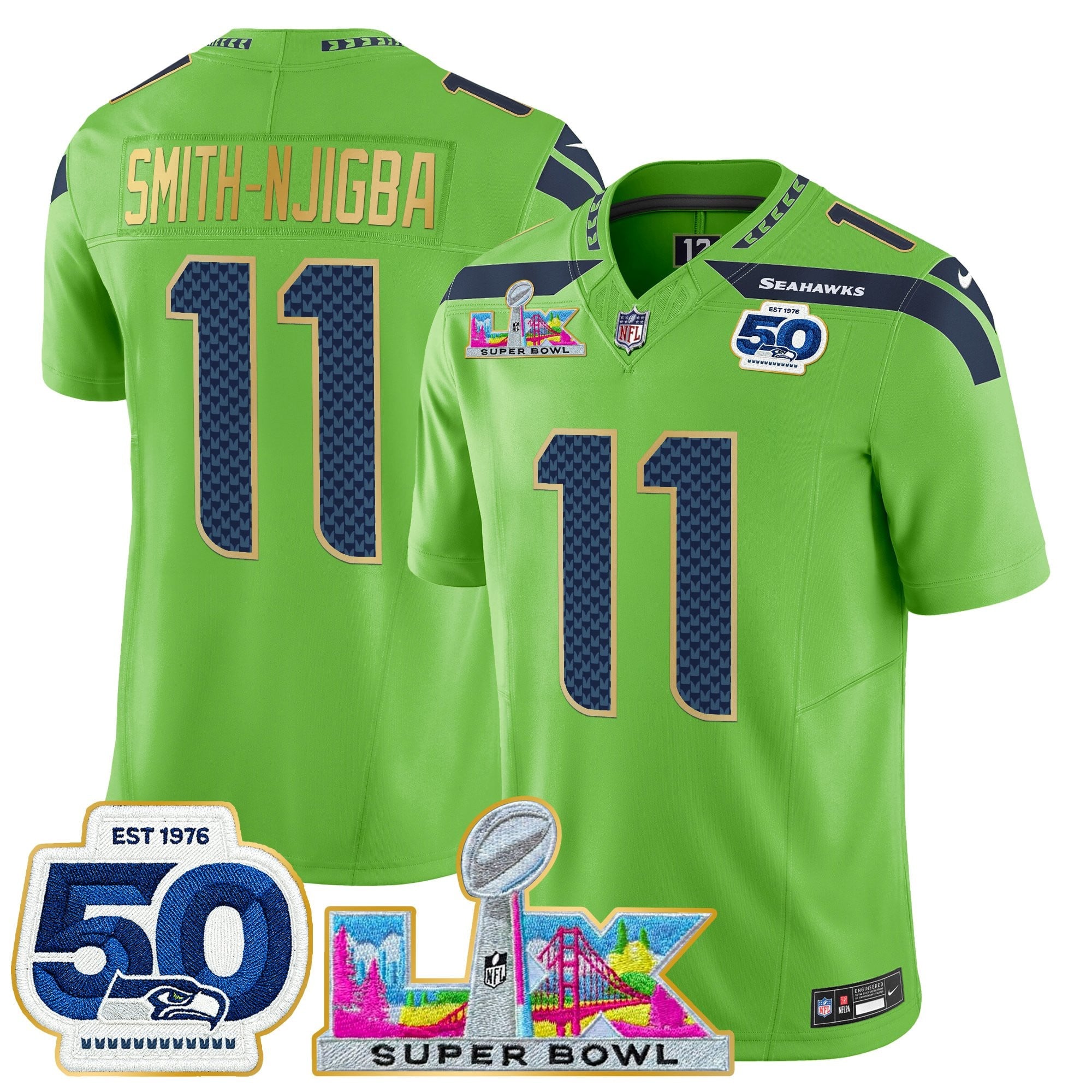 Men's Seattle Seahawks "Super Bowl LX & 50th Patch" Gold Trim Vapor Limited Jersey - All Stitched