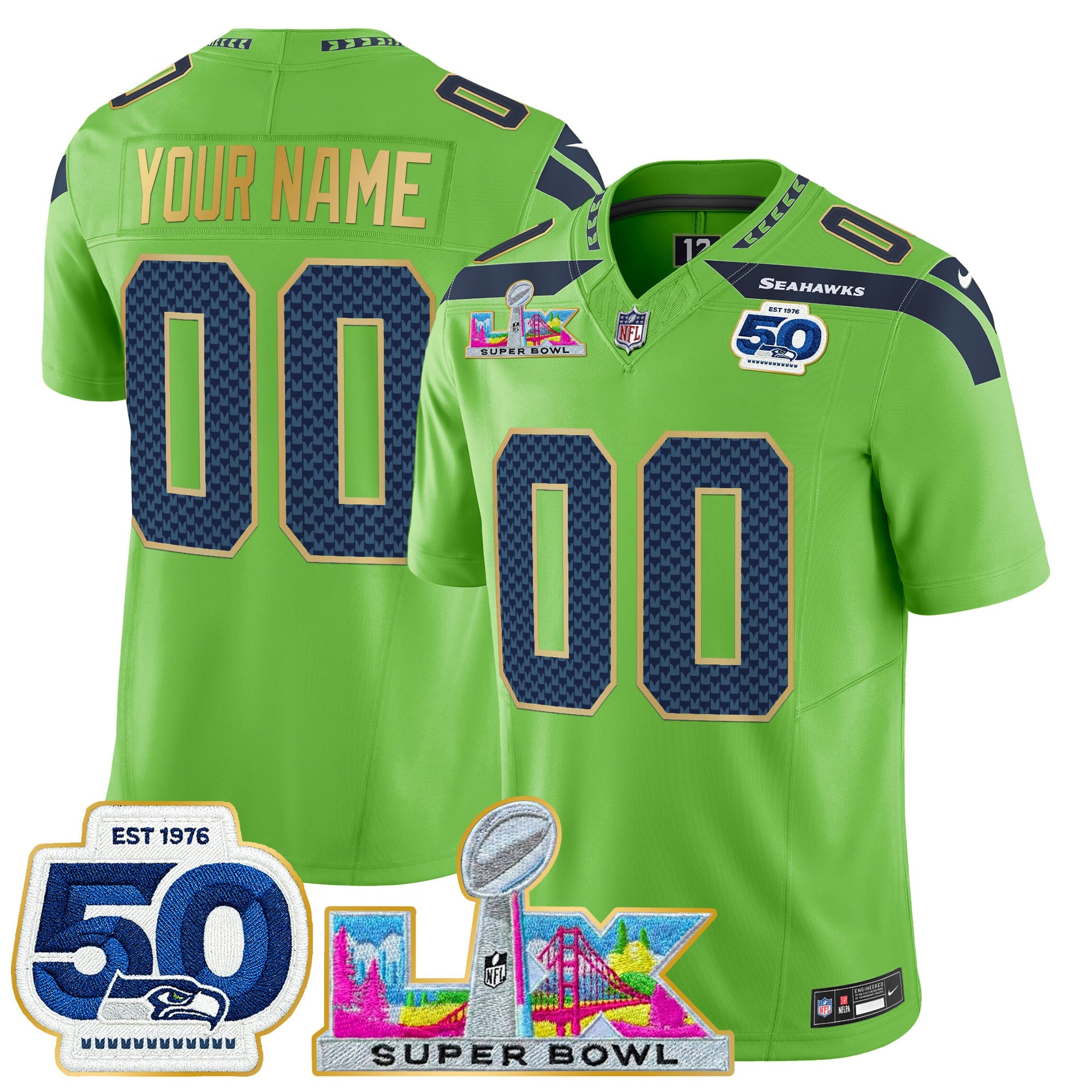 Seattle Seahawks "Super Bowl LX & 50th Patch" Gold Trim Vapor Limited Custom Jersey - All Stitched