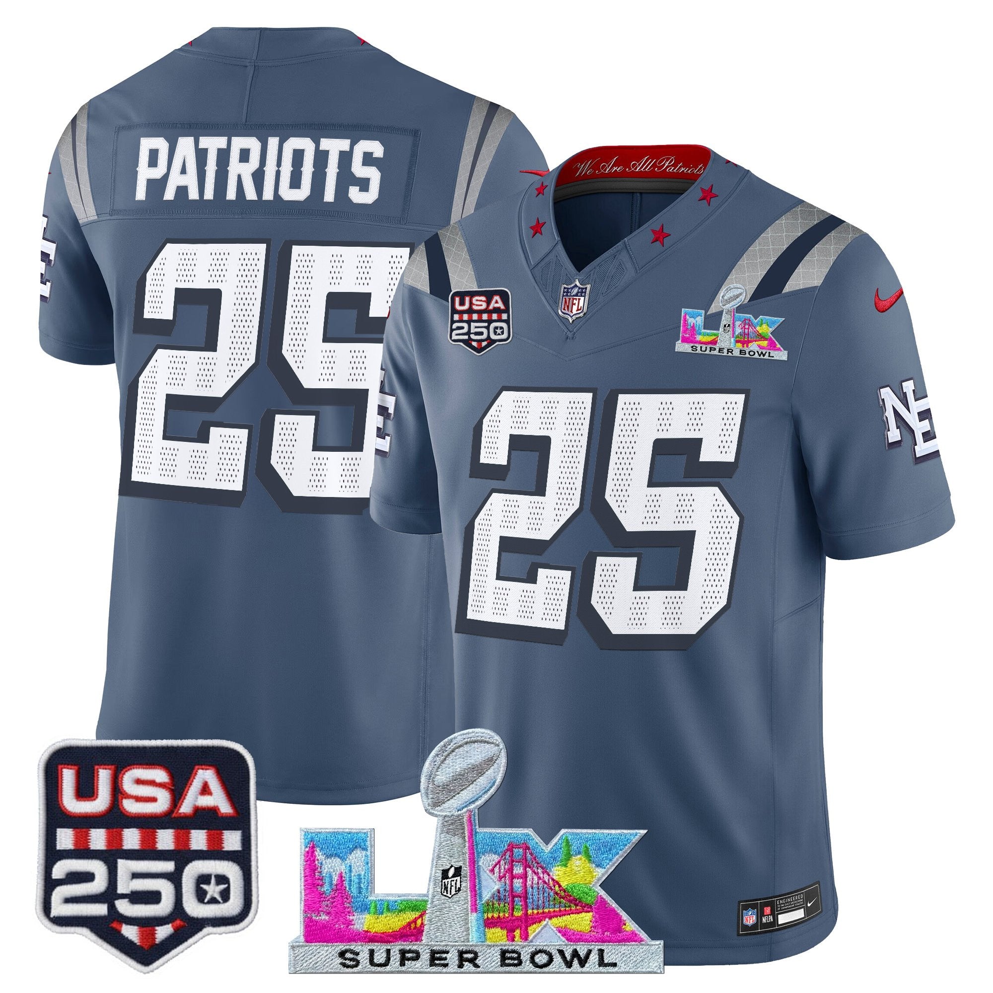 Men's New England Patriots "Super Bowl LX & United States 250th Anniversary Patch" Vapor Limited Jersey - All Stitched