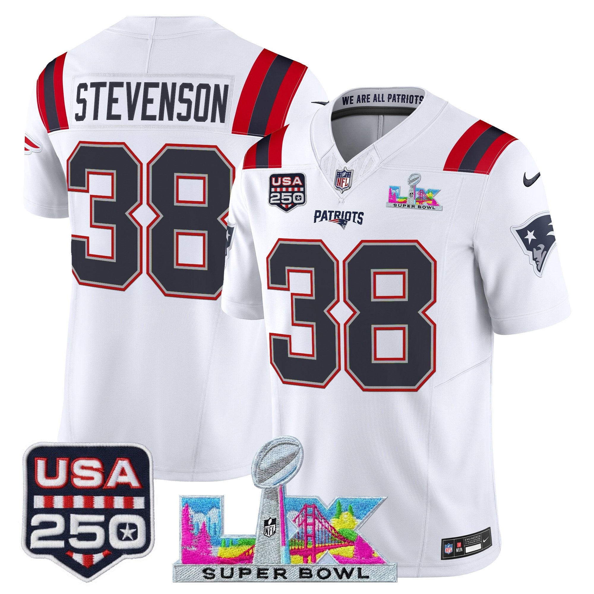 Men's New England Patriots "Super Bowl LX & United States 250th Anniversary Patch" Vapor Limited Jersey - All Stitched