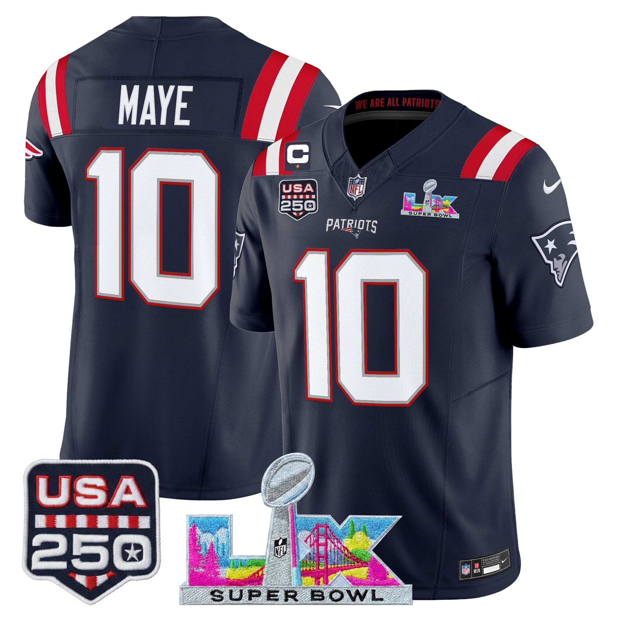 Men's New England Patriots "Super Bowl LX & United States 250th Anniversary Patch" Vapor Limited Jersey - All Stitched