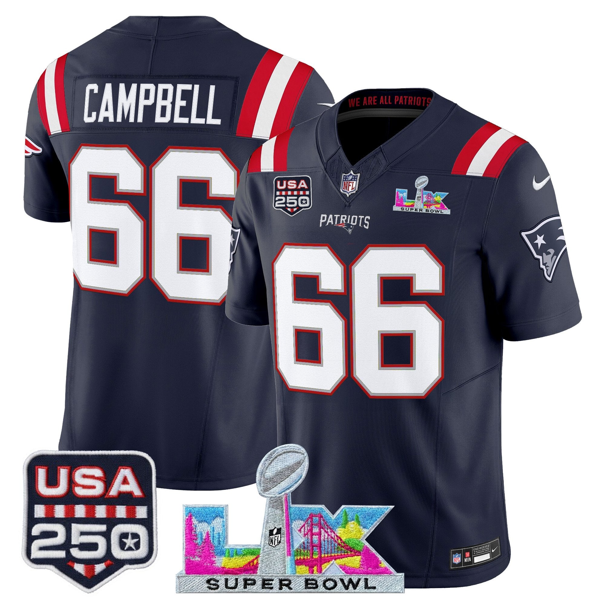 Men's New England Patriots "Super Bowl LX & United States 250th Anniversary Patch" Vapor Limited Jersey - All Stitched