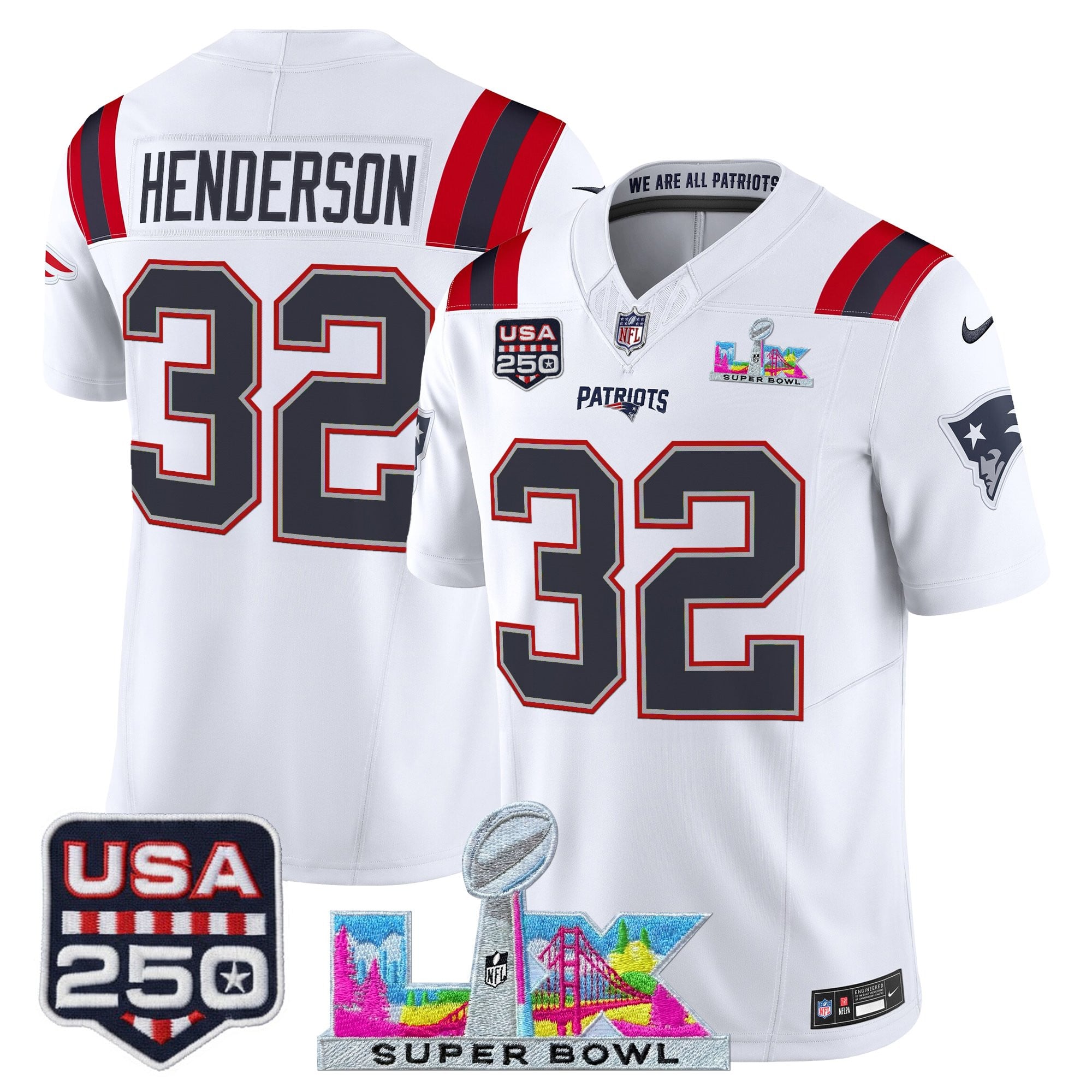 Men's New England Patriots "Super Bowl LX & United States 250th Anniversary Patch" Vapor Limited Jersey - All Stitched