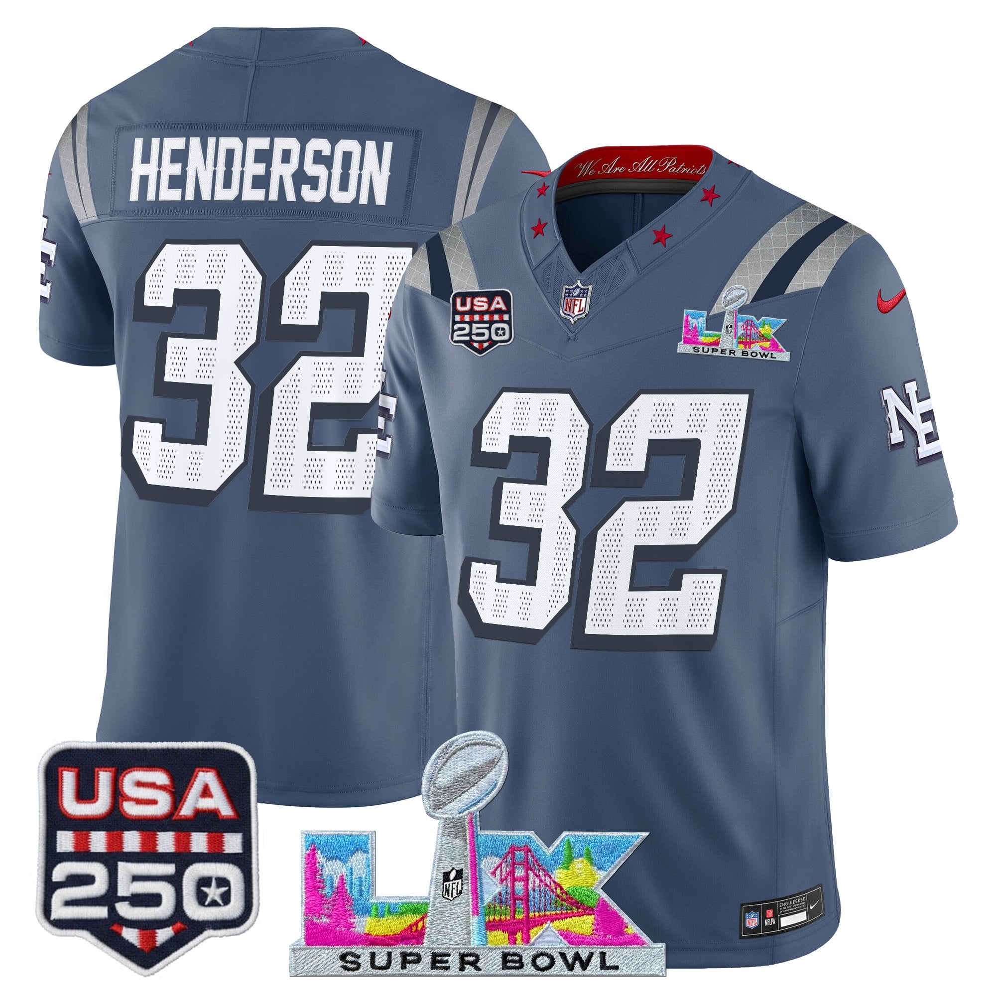 Men's New England Patriots "Super Bowl LX & United States 250th Anniversary Patch" Vapor Limited Jersey - All Stitched