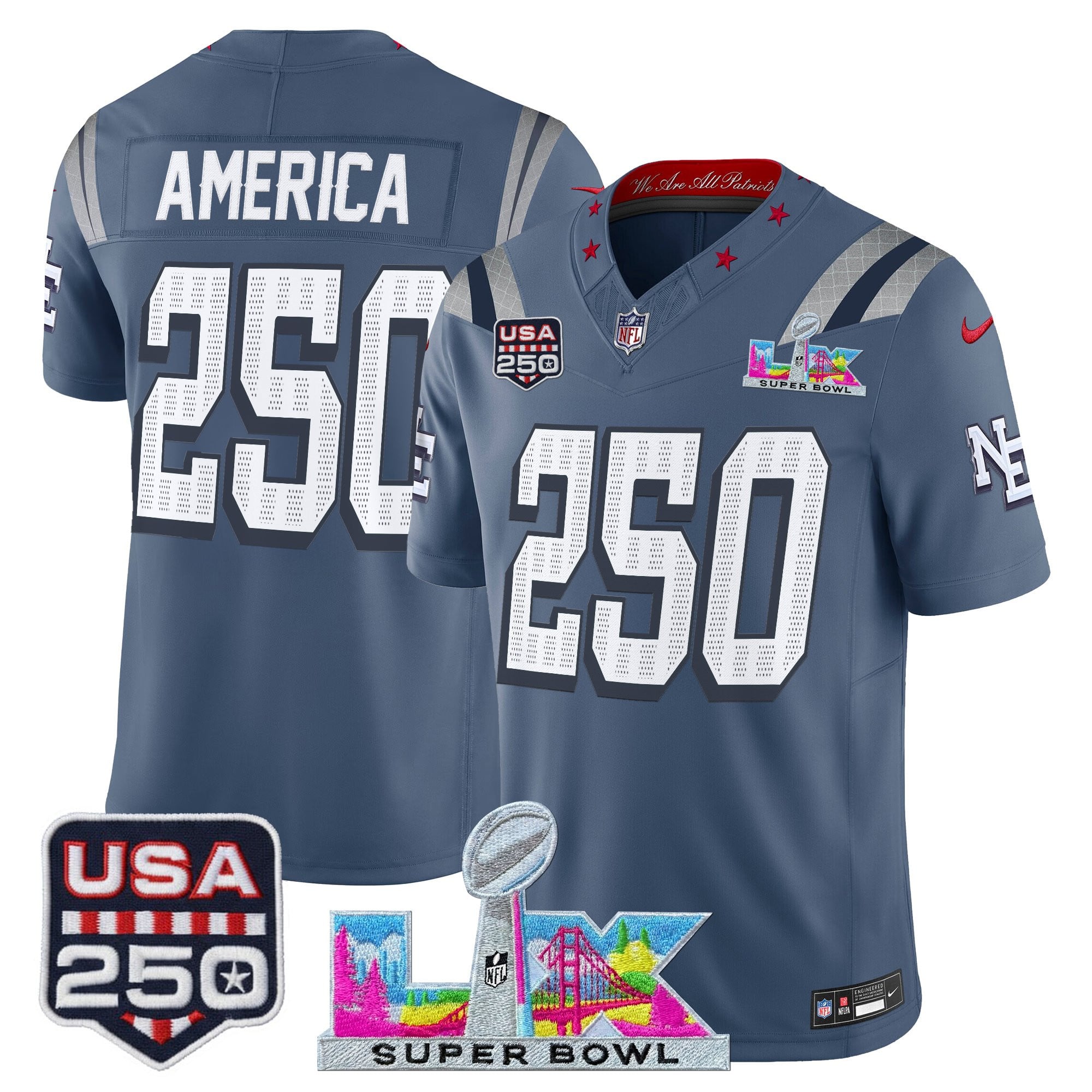 Men's New England Patriots "Super Bowl LX & United States 250th Anniversary Patch" Vapor Limited Jersey - All Stitched
