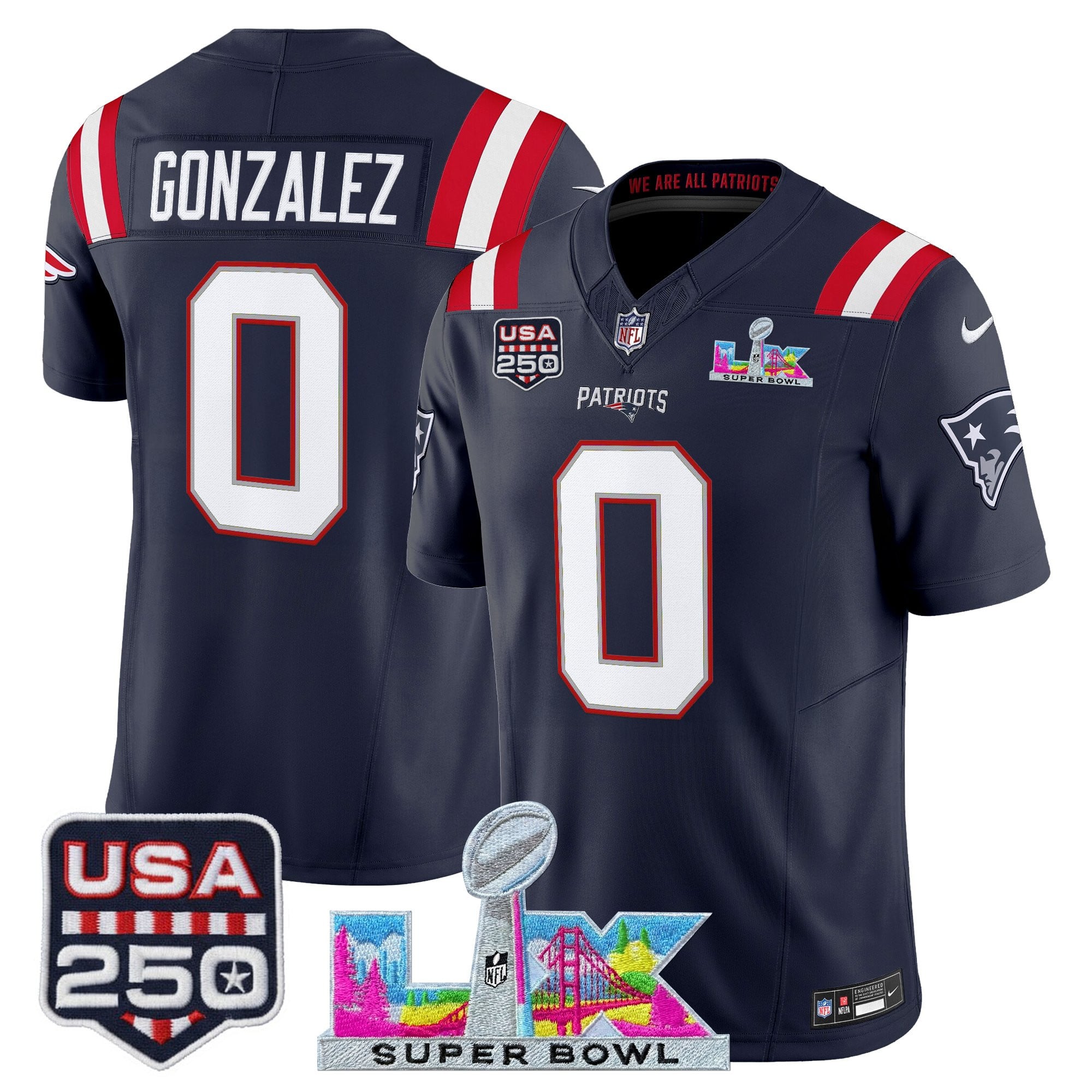 Men's New England Patriots "Super Bowl LX & United States 250th Anniversary Patch" Vapor Limited Jersey - All Stitched
