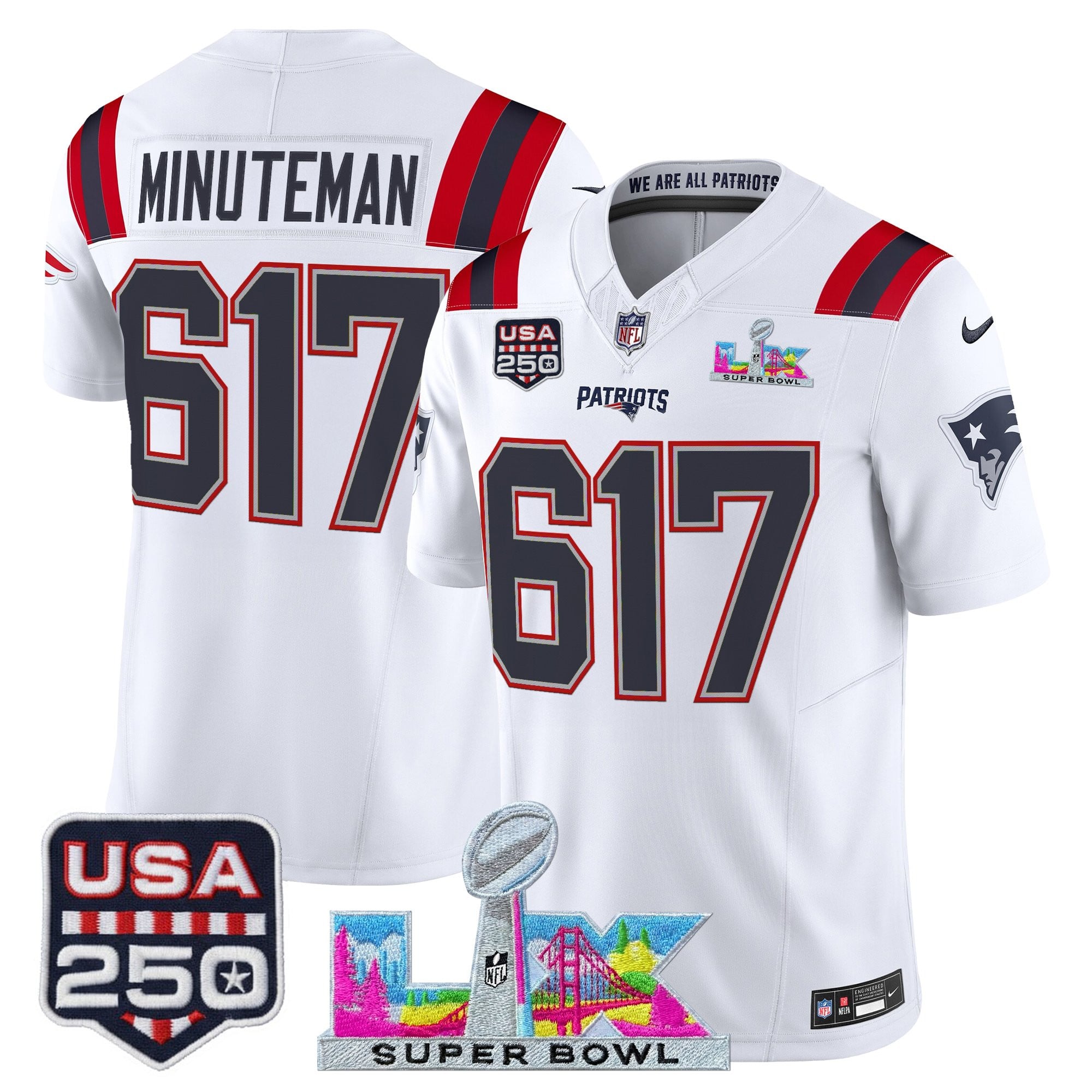 Men's New England Patriots "Super Bowl LX & United States 250th Anniversary Patch" Vapor Limited Jersey - All Stitched