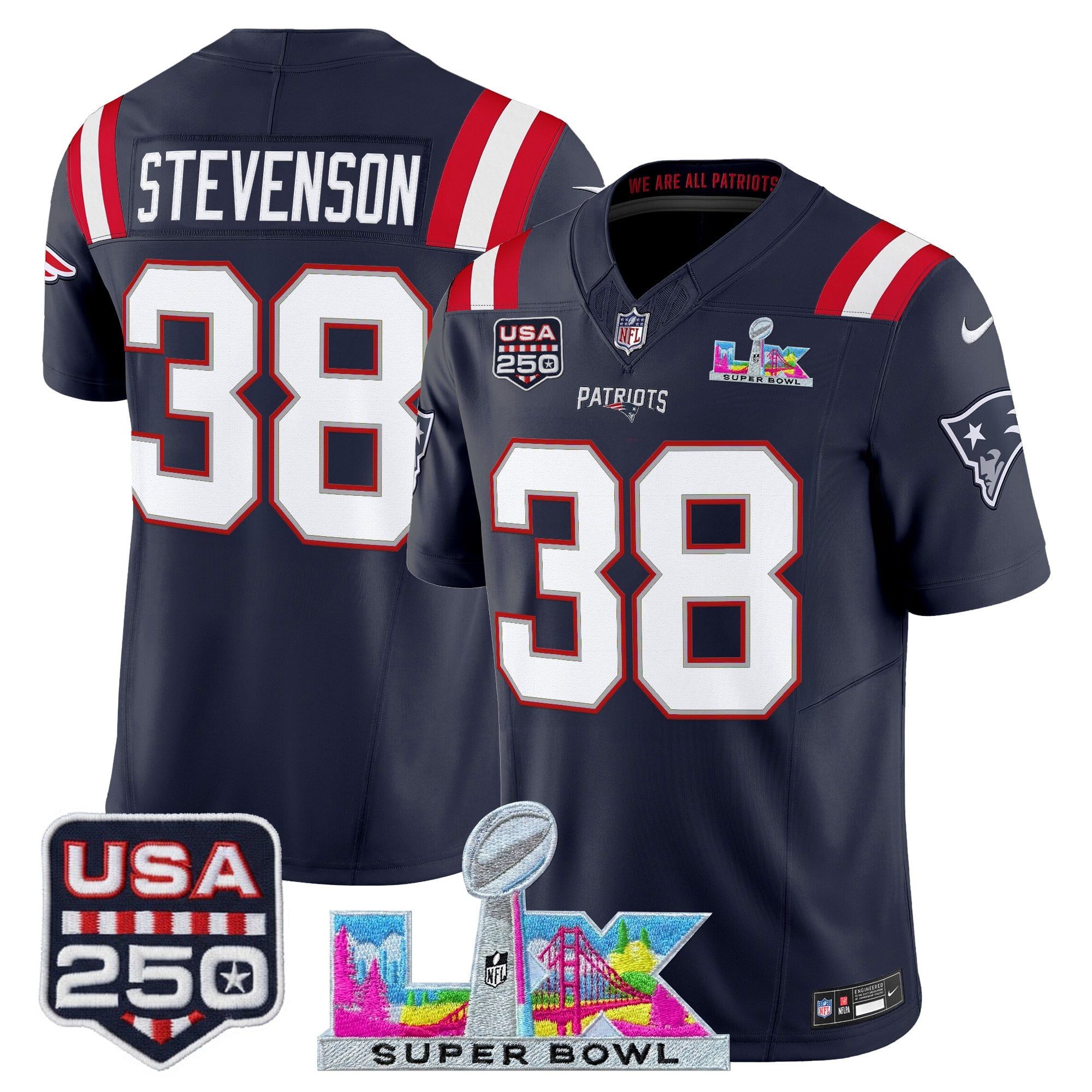 Men's New England Patriots "Super Bowl LX & United States 250th Anniversary Patch" Vapor Limited Jersey - All Stitched