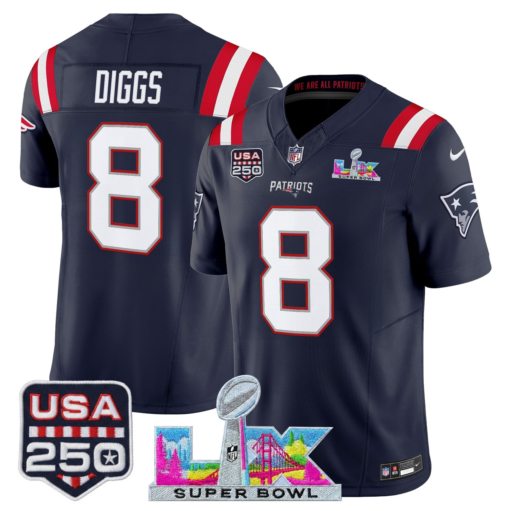 Men's New England Patriots "Super Bowl LX & United States 250th Anniversary Patch" Vapor Limited Jersey - All Stitched