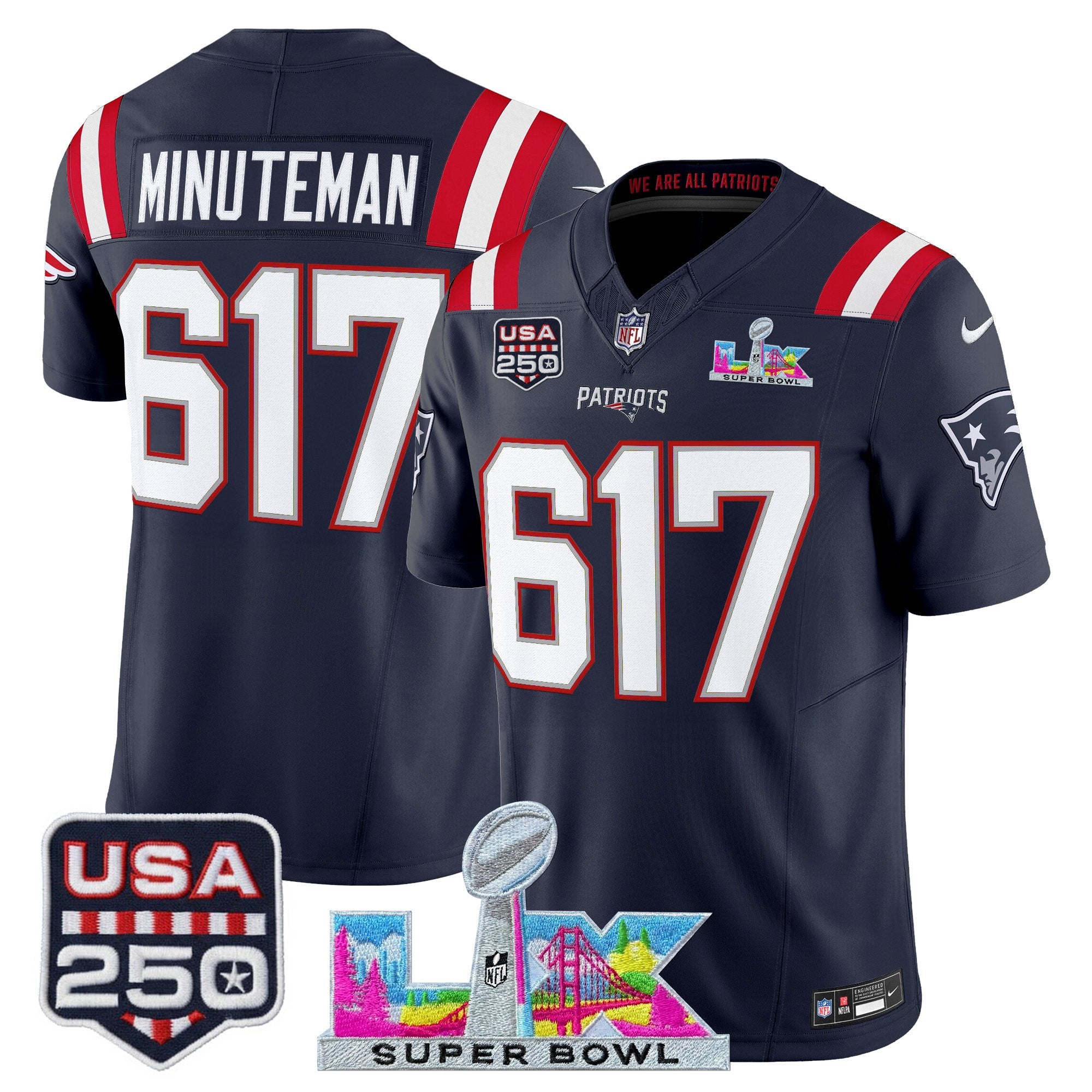 Men's New England Patriots "Super Bowl LX & United States 250th Anniversary Patch" Vapor Limited Jersey - All Stitched