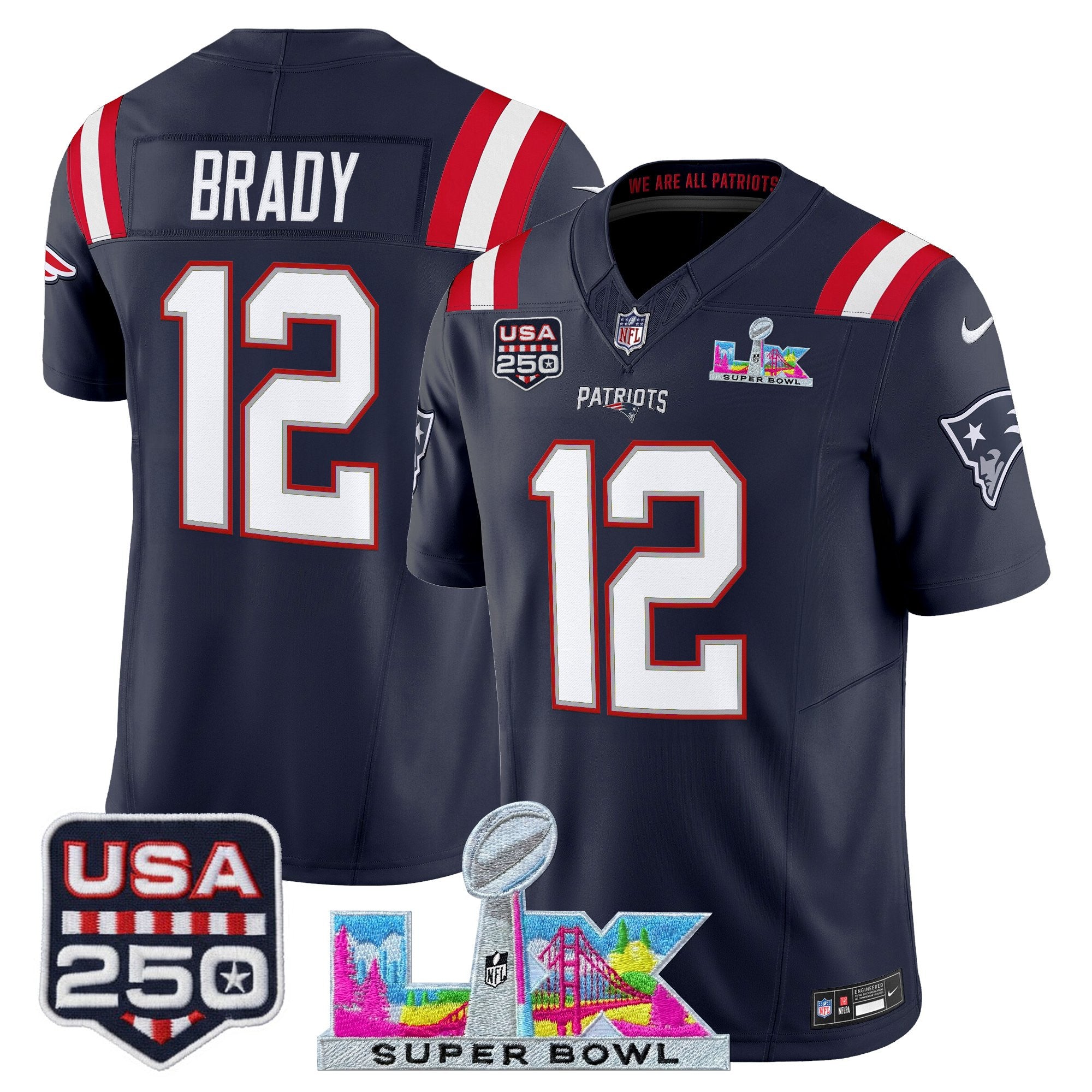 Men's New England Patriots "Super Bowl LX & United States 250th Anniversary Patch" Vapor Limited Jersey - All Stitched