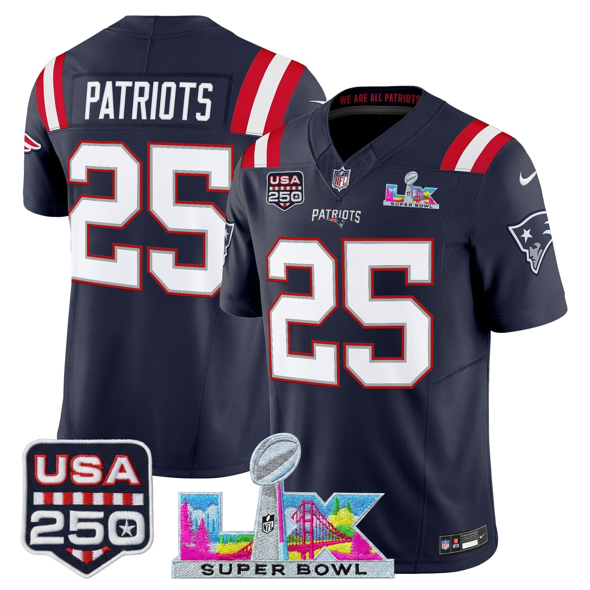 Men's New England Patriots "Super Bowl LX & United States 250th Anniversary Patch" Vapor Limited Jersey - All Stitched