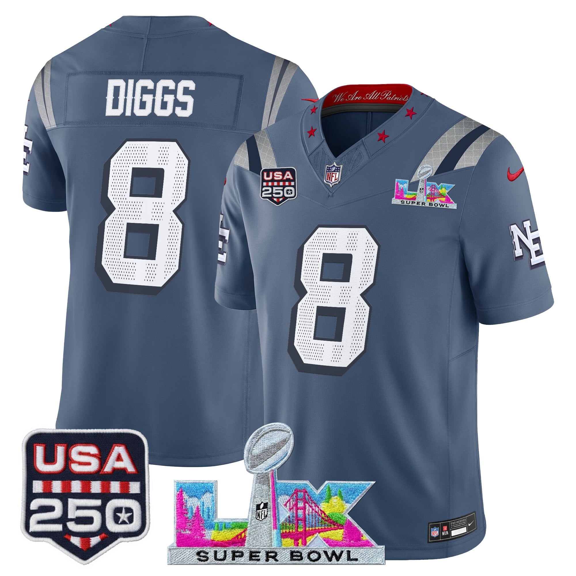 Men's New England Patriots "Super Bowl LX & United States 250th Anniversary Patch" Vapor Limited Jersey - All Stitched