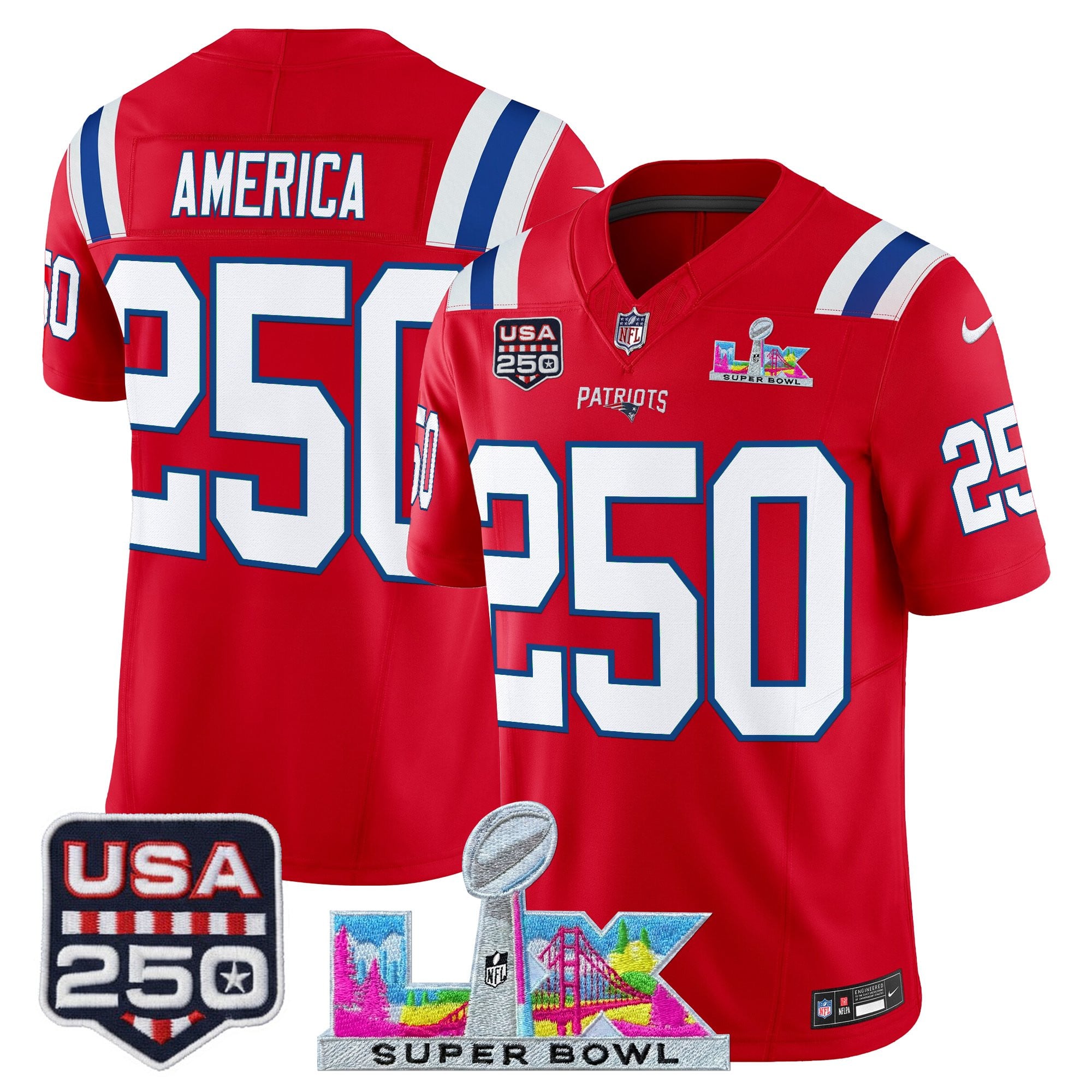 Men's New England Patriots "Super Bowl LX & United States 250th Anniversary Patch" Vapor Limited Jersey - All Stitched