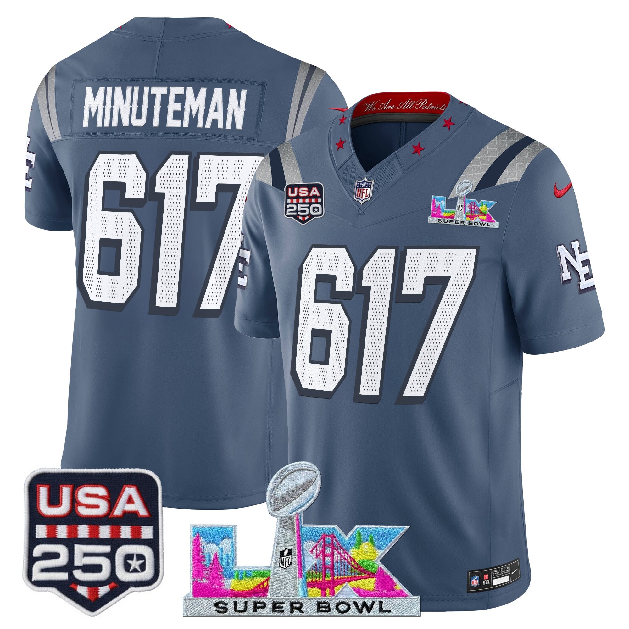 Men's New England Patriots "Super Bowl LX & United States 250th Anniversary Patch" Vapor Limited Jersey - All Stitched