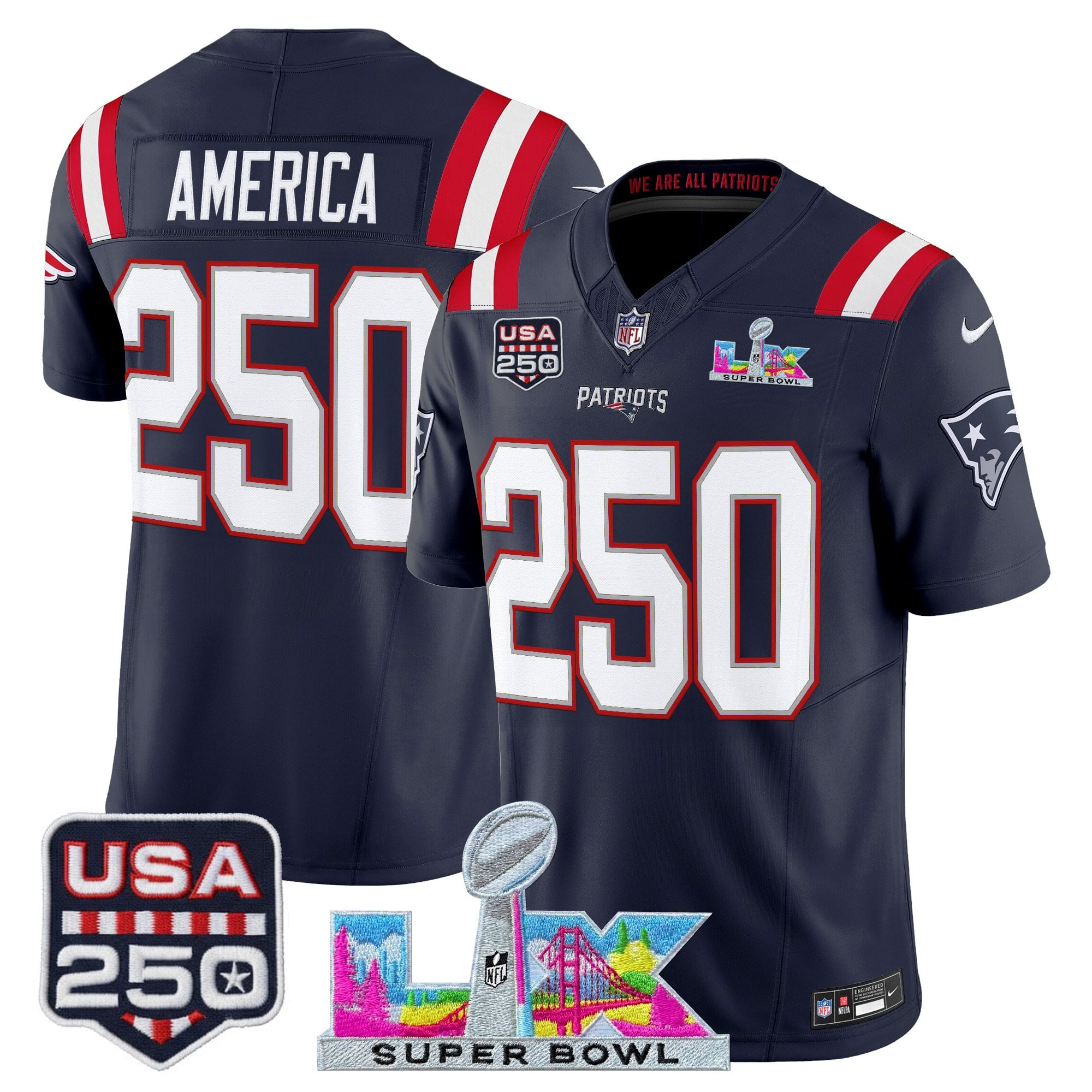 Men's New England Patriots "Super Bowl LX & United States 250th Anniversary Patch" Vapor Limited Jersey - All Stitched