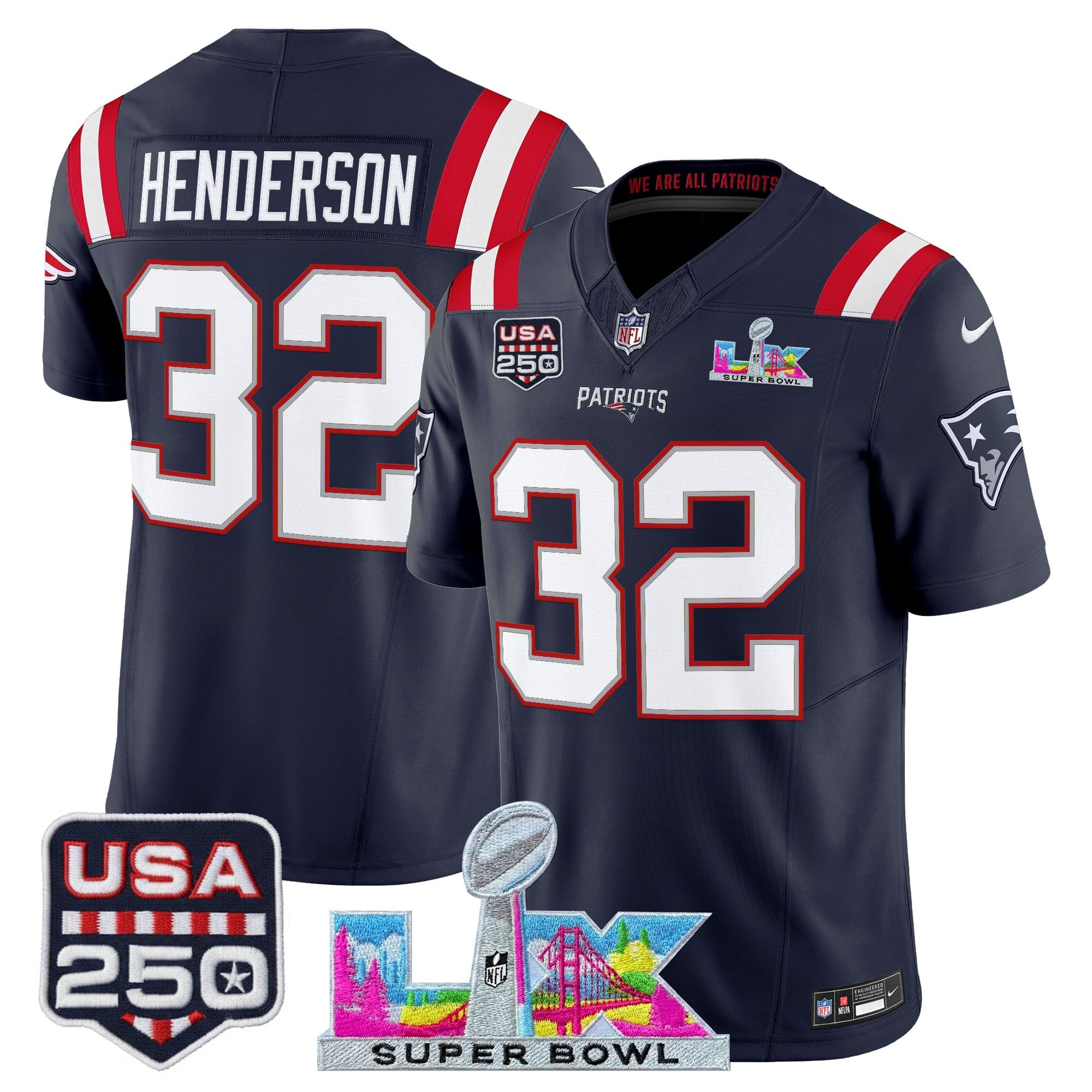 Men's New England Patriots "Super Bowl LX & United States 250th Anniversary Patch" Vapor Limited Jersey - All Stitched
